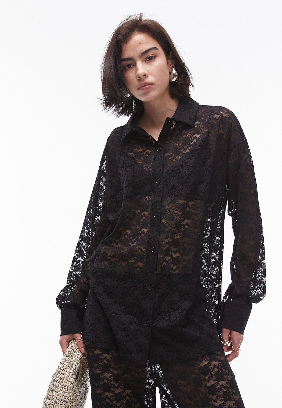 Vista 2 Camisa Renda TOPSHOP Reta Vazada Preta Topshop preto