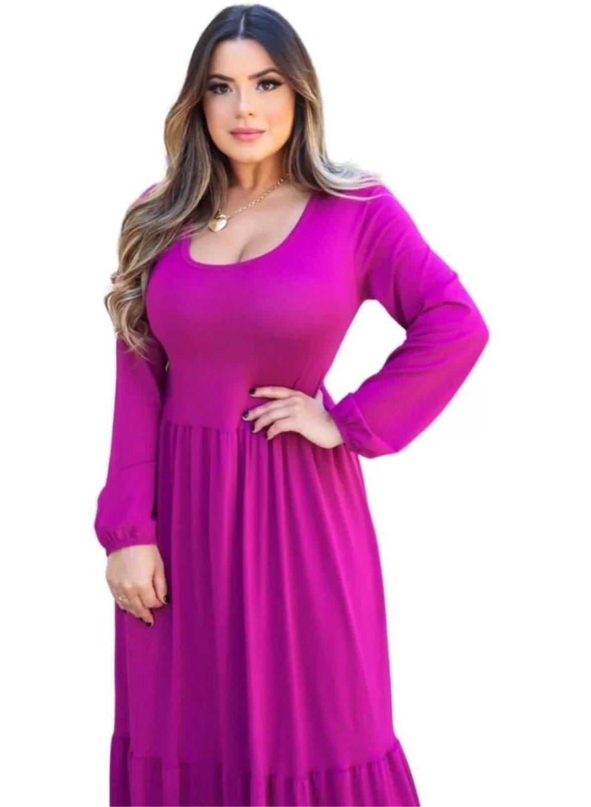 Vista 2 Vestido Longo Manga Longa Outono Inverno Viscolycra Fúcsia Cia do Vestido pink/rosa/roxo