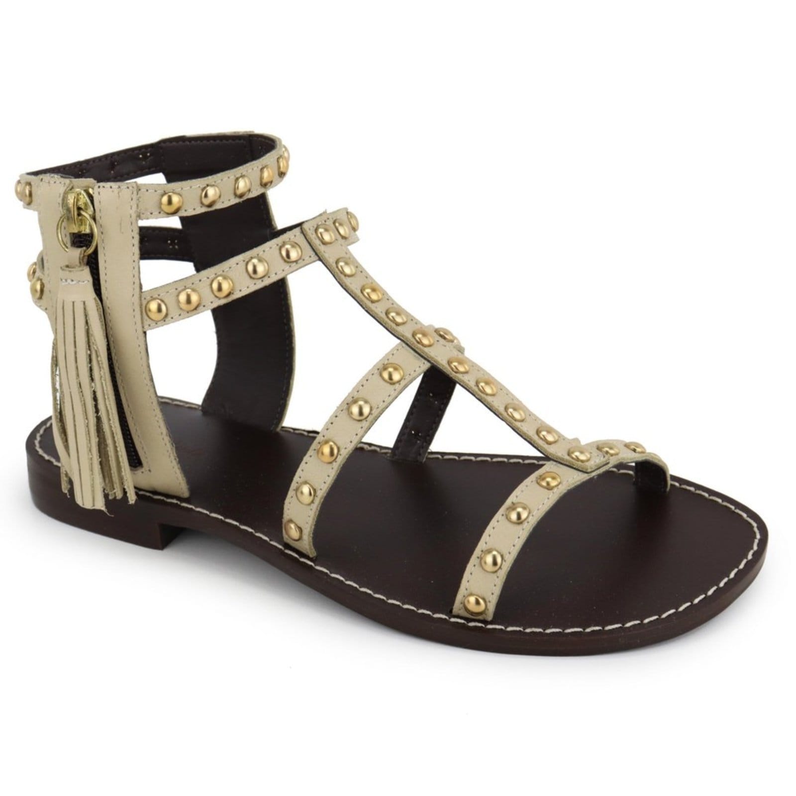 Vista 2 Sandália Rasteira Tachas Feminina em Couro Maria Paula Champagne MARIA PAULA amarelo champagne