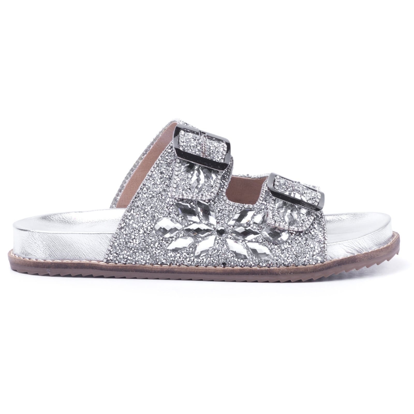 Vista 2 Sandália Rasteira Papete Pedraria Strass Birlhante Fivela Calçar Prata Nine4 preto