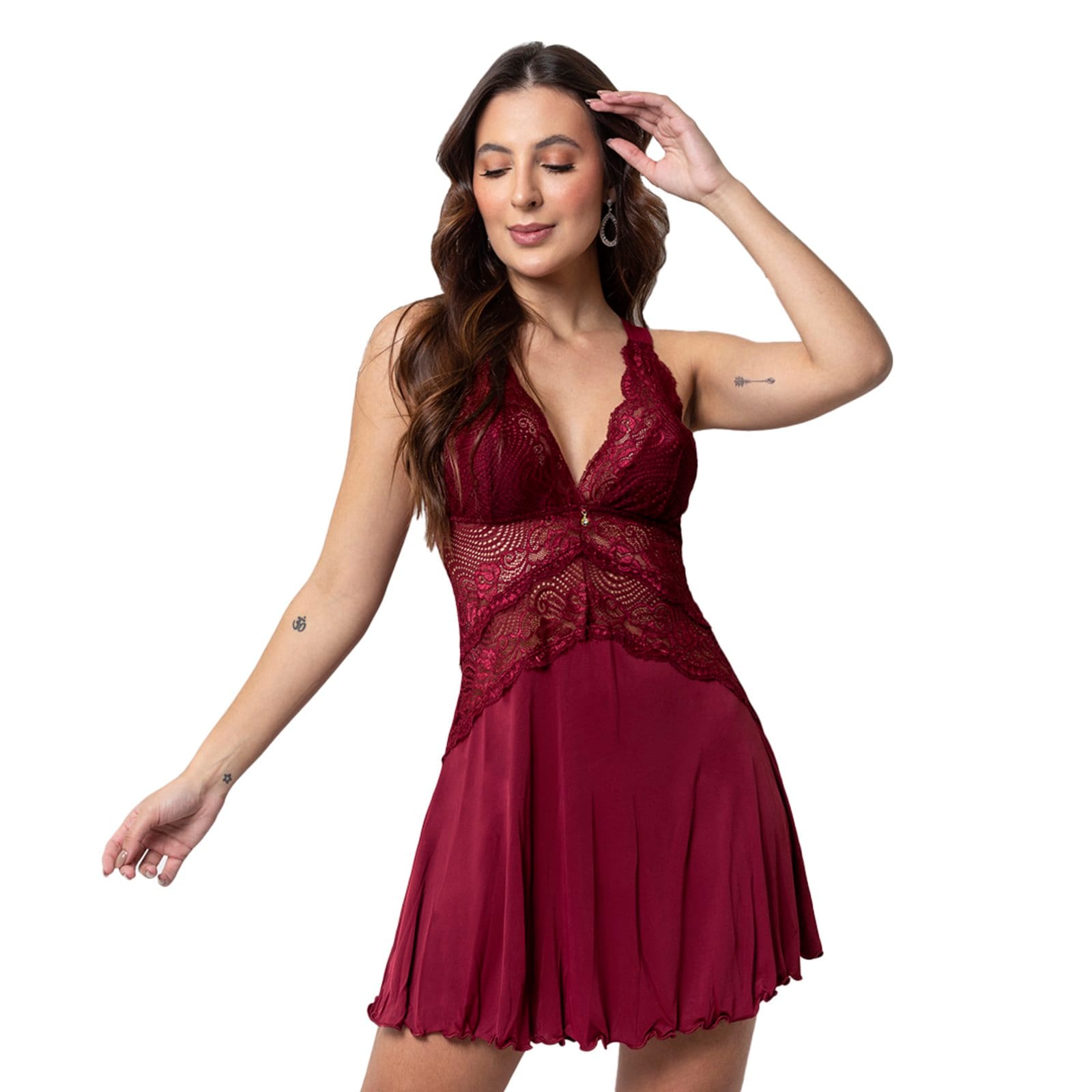 Camisola Bruna Gabi Lingerie Renda Sensual Sem Bojo Curta Pijama Sexy Rubro