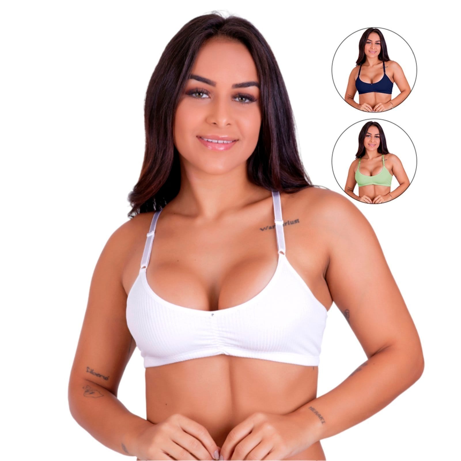 Vista principal Kit 3 Sutiã Canelado Gabi Lingerie Sem Bojo Microfibra Lingerie Top Conforto Detalhe Franzido Gabi Lingerie azul marinho/bege/branco/multicolorido/rosê/verde