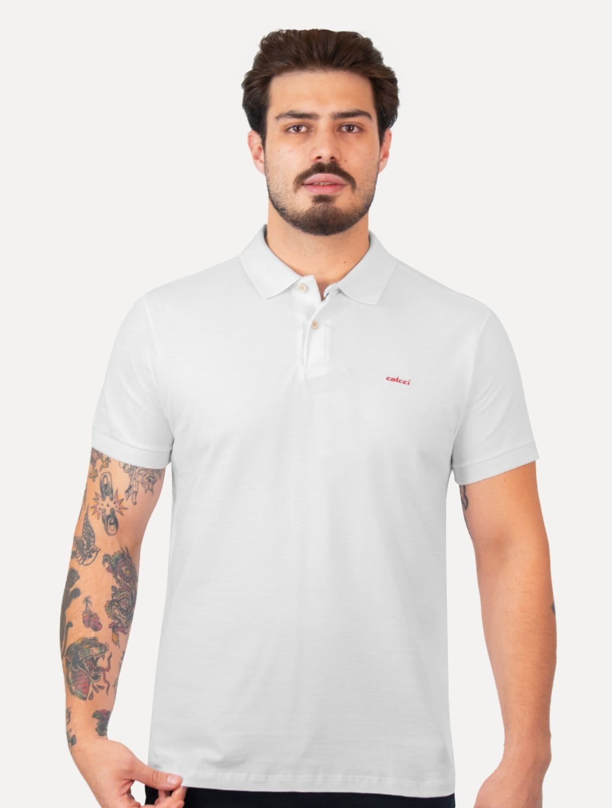 Vista principal Polo Colcci Masculina Piquet Red Logo Branca Colcci branco red