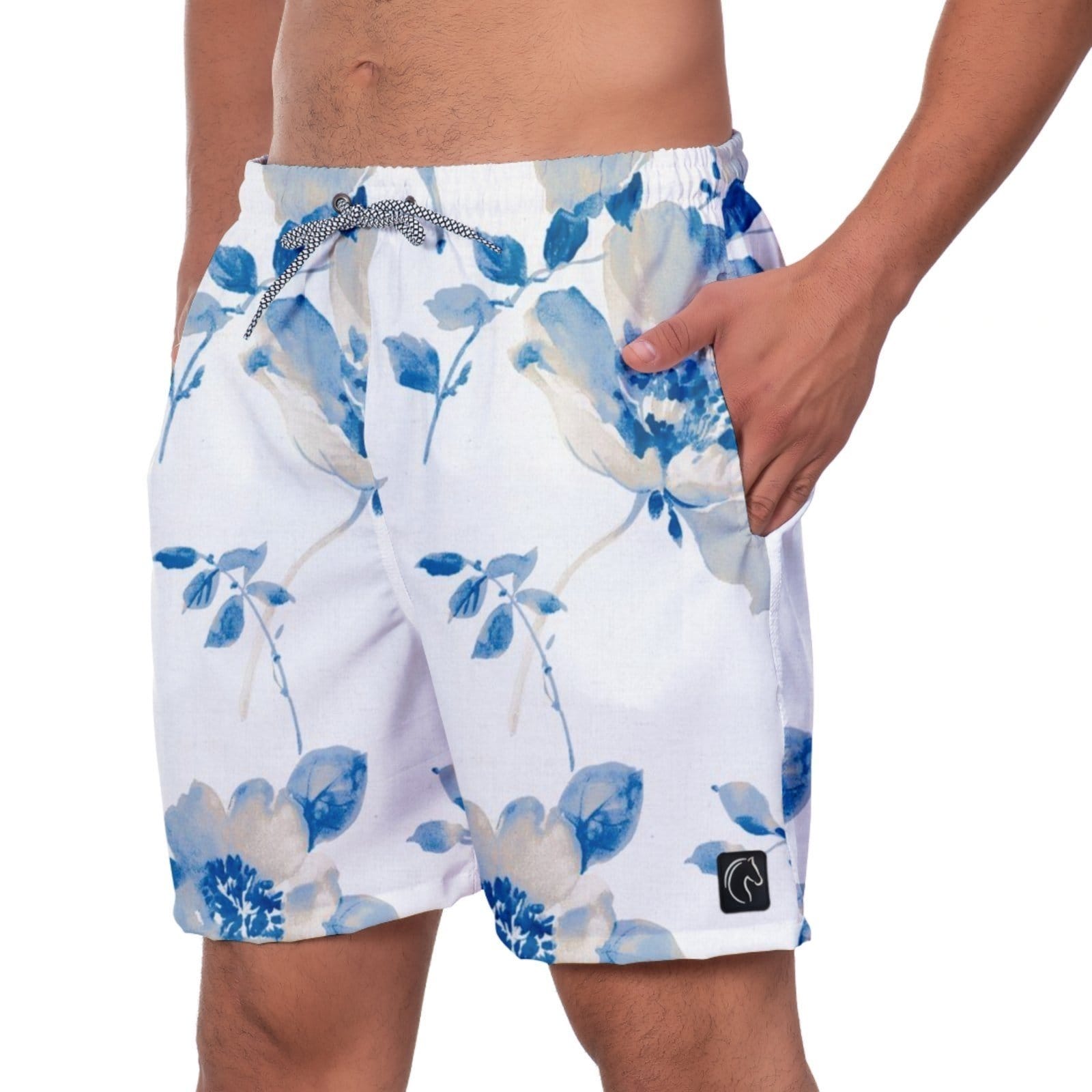 Vista 2 Short Praia Premium Masculino Academia Fitness Caminhada Flores Azuis Moda Estilo Esporte Corrida Conforto W2 W2 STORE azul/azul marinho/branco/estampado/floral