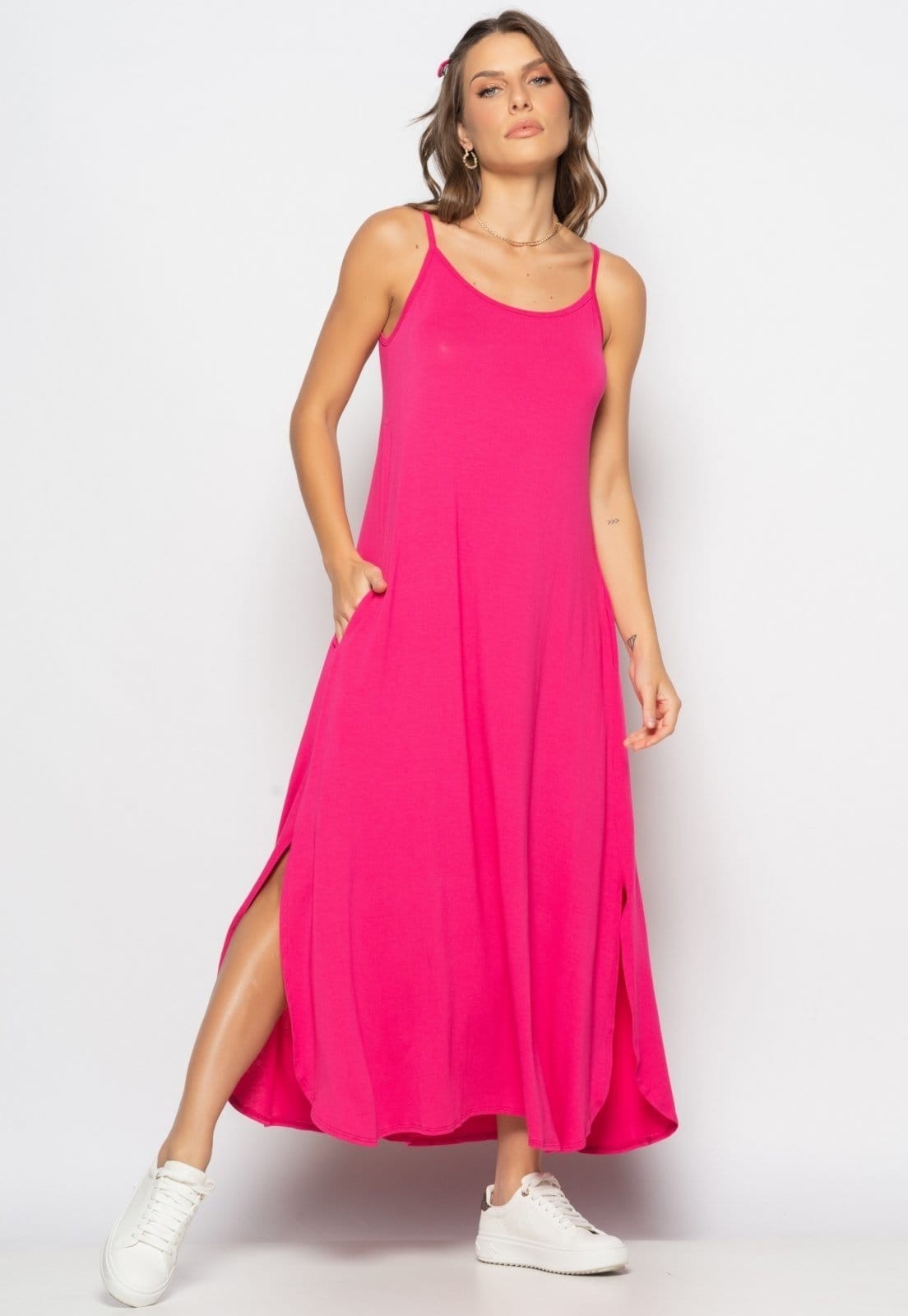 Vestido Longo Alcinha Com Barra Arredondada E Bolsos Salvatore Pink