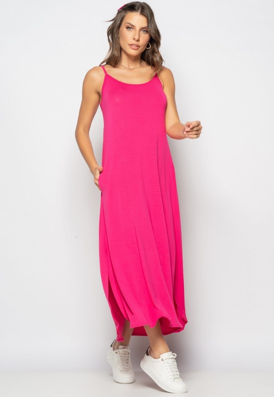 Vista 2 Vestido Longo Alcinha Com Barra Arredondada E Bolsos Salvatore Pink Salvatore Fashion rosa pink