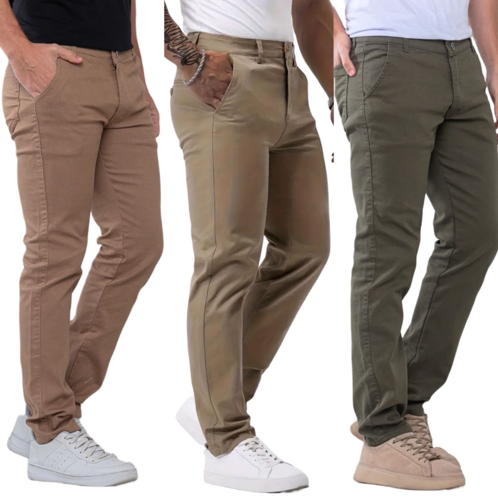Kit 3 Calças Sarja Masculina KOVALI Skinny Casual Premium Confortável com Elastano Caqui e Verde