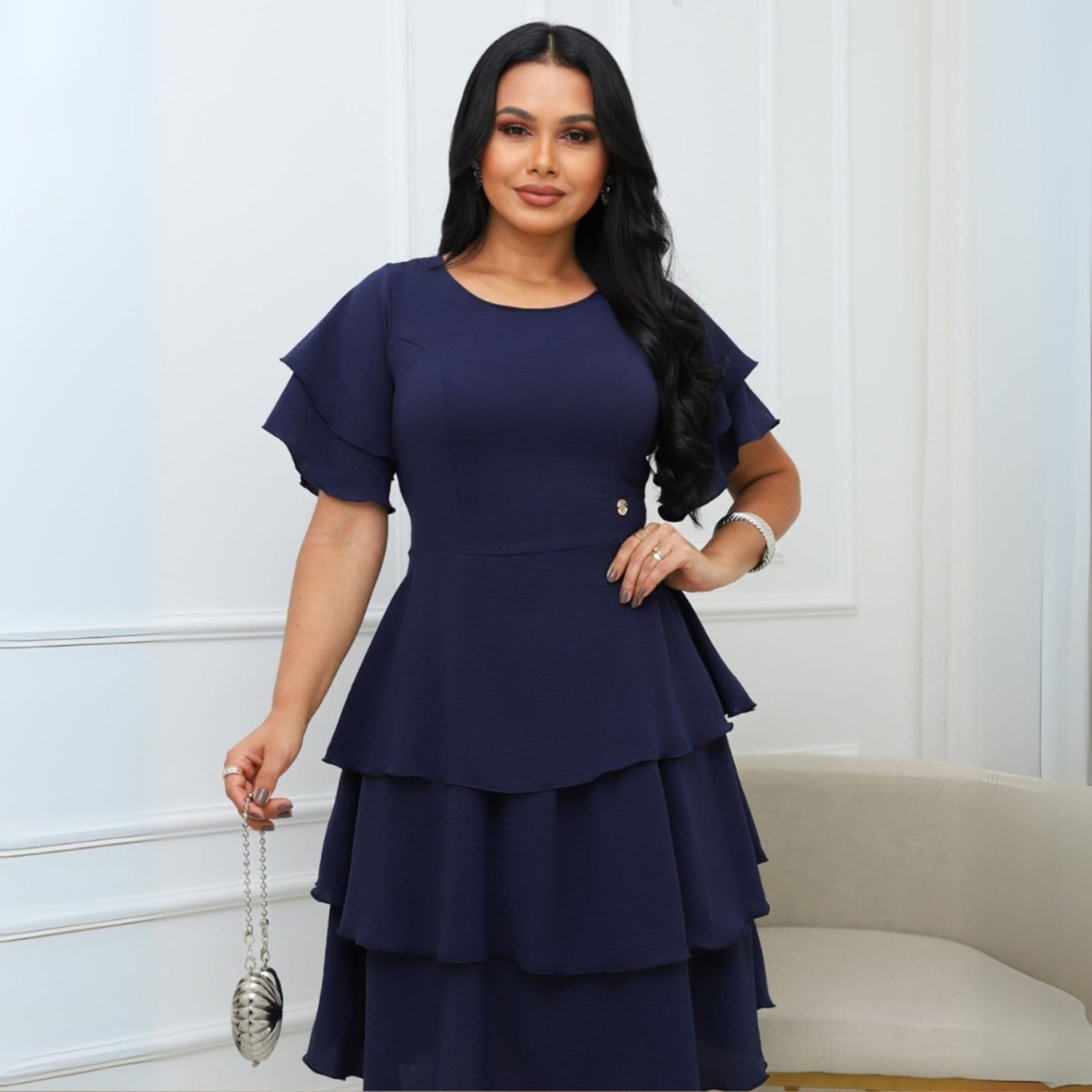 Vista 2 Vestido Midi Camadas com Babados Estilo Boho Manga Sino Em Duna Moda Cristã REF: Eliana Bar Sons Fashion vinho