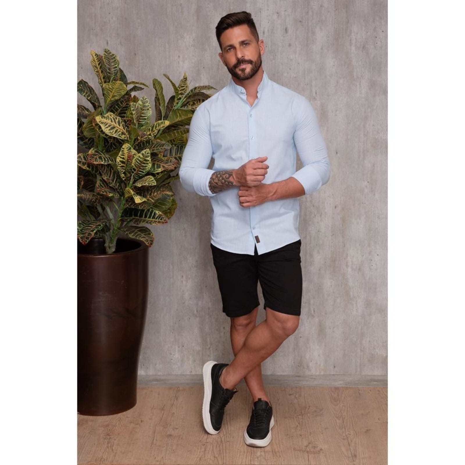 Vista 2 Camisa Masculina Linho Manga Longa Gola Padre Lisa Casual Claro G TEODORO CAMISARIA azul