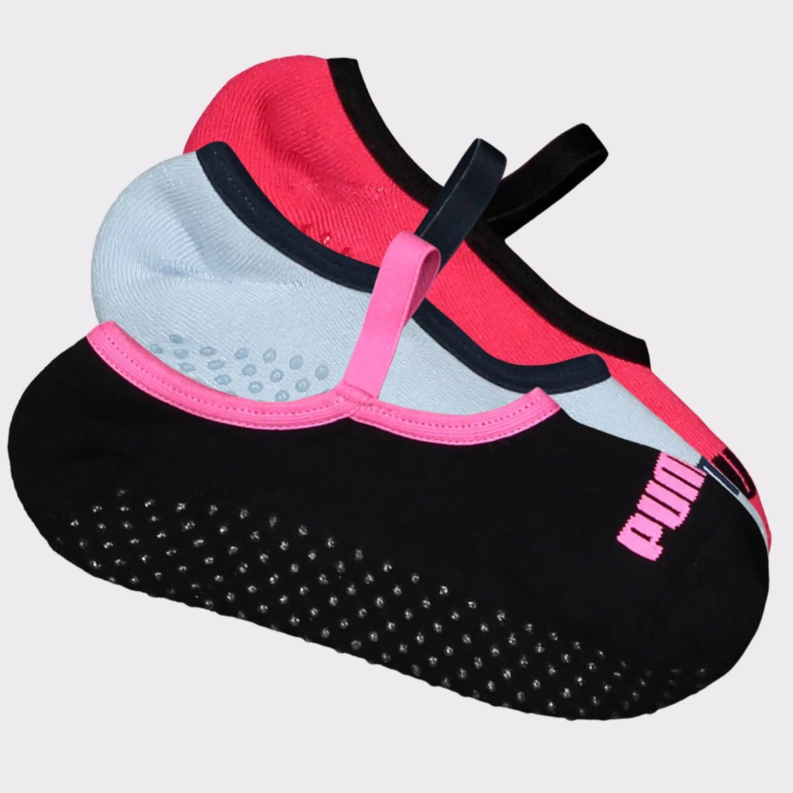 Vista 2 Kit Meia Puma Pilates Feminina 3 pares Preta e e Vermelha Puma azul