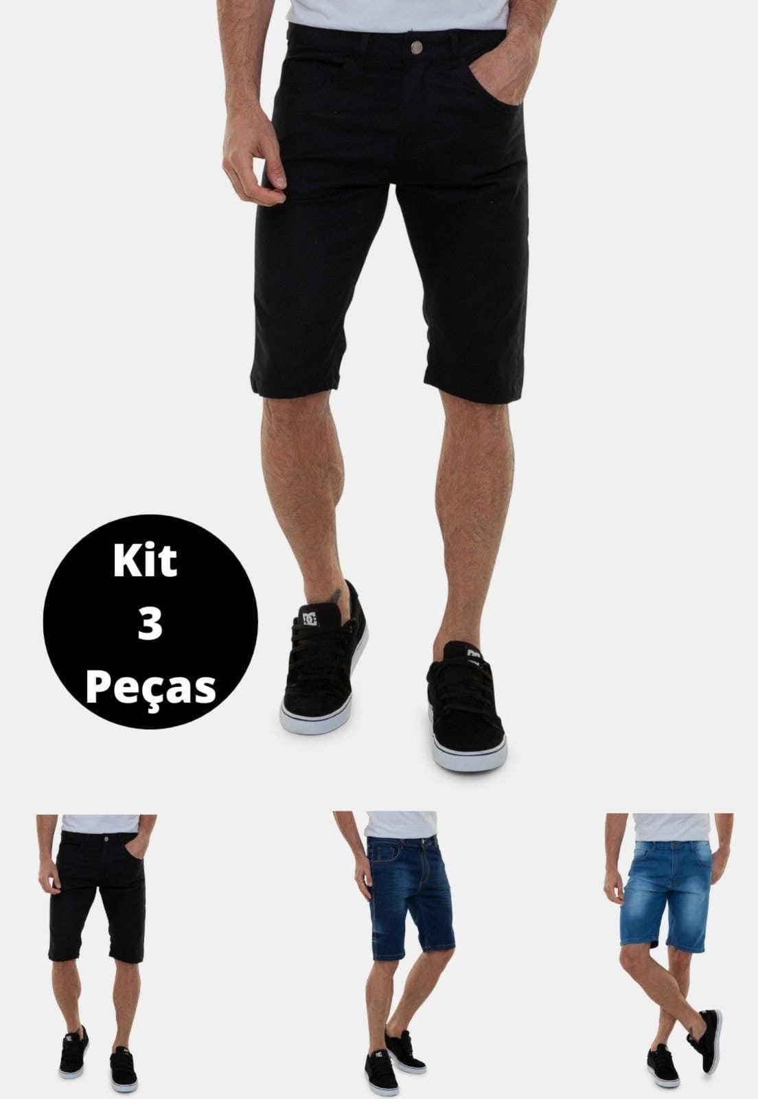 Vista 2 Kit 3 Bermuda Jeans Tradicional Versatti Latina Versatti Jeans azul