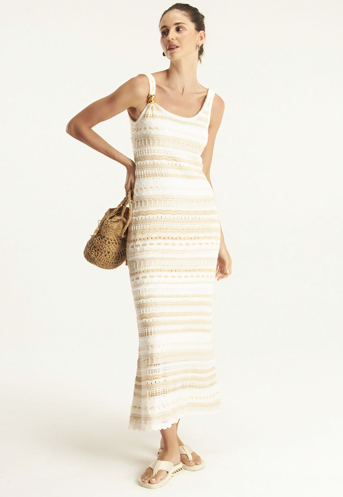 Vestido Tricot Cantão Longo Listrado Off-White