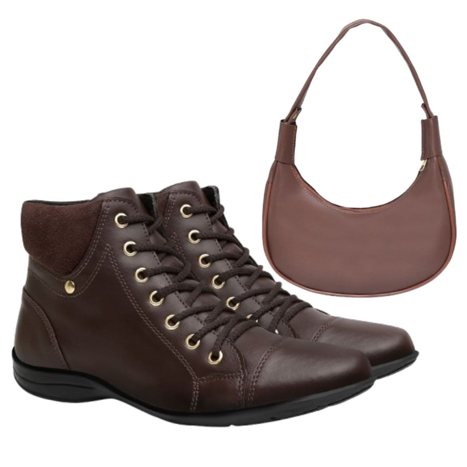 Kit Bota Feminina Cano Baixo Anna Andrade Botinha Sola Rasteira Casual E Bolsa Ombro