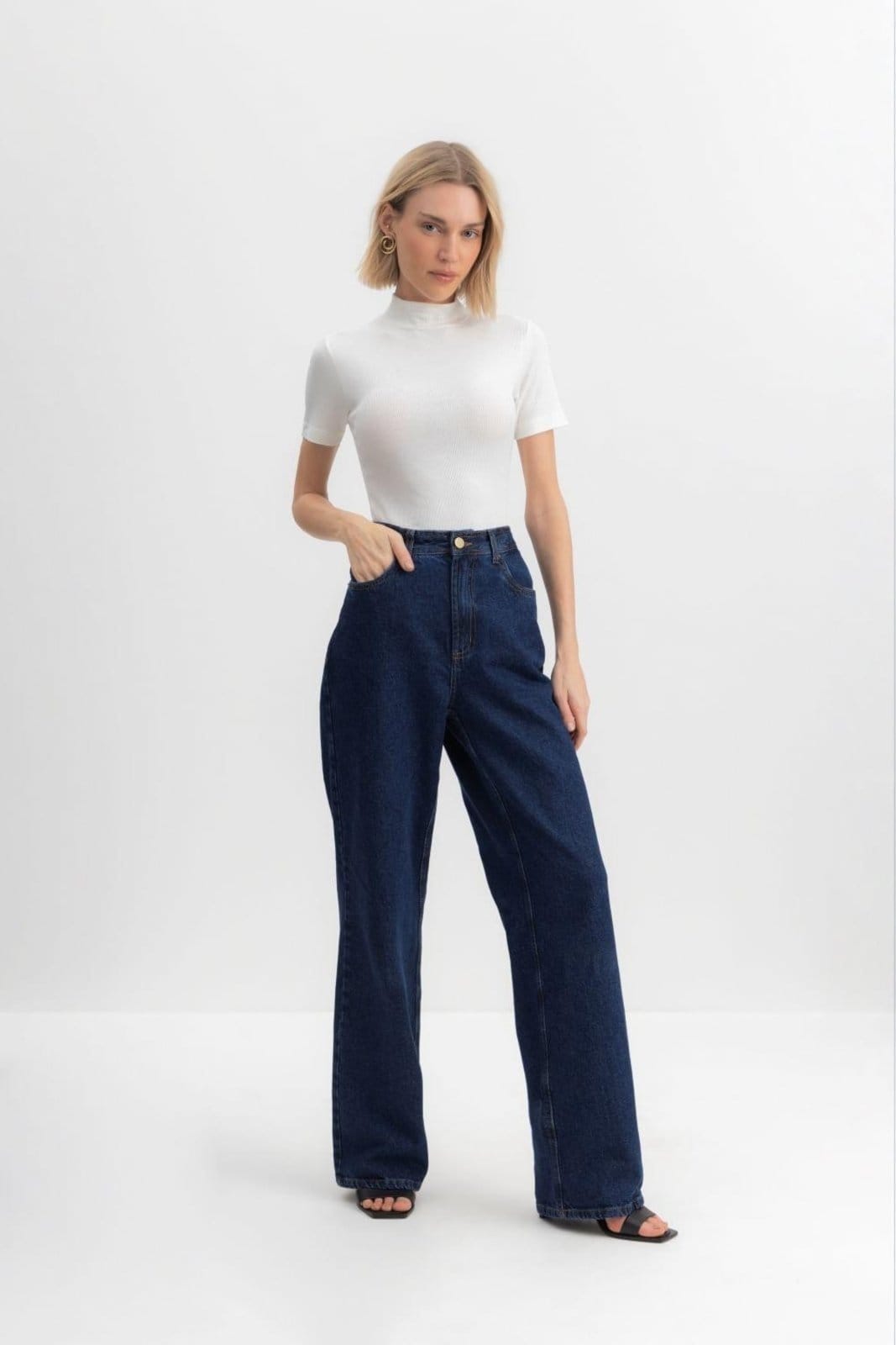 Vista principal Calça Jeans Wide Leg Feminina Essendi Jeans Escuro Essendi azul