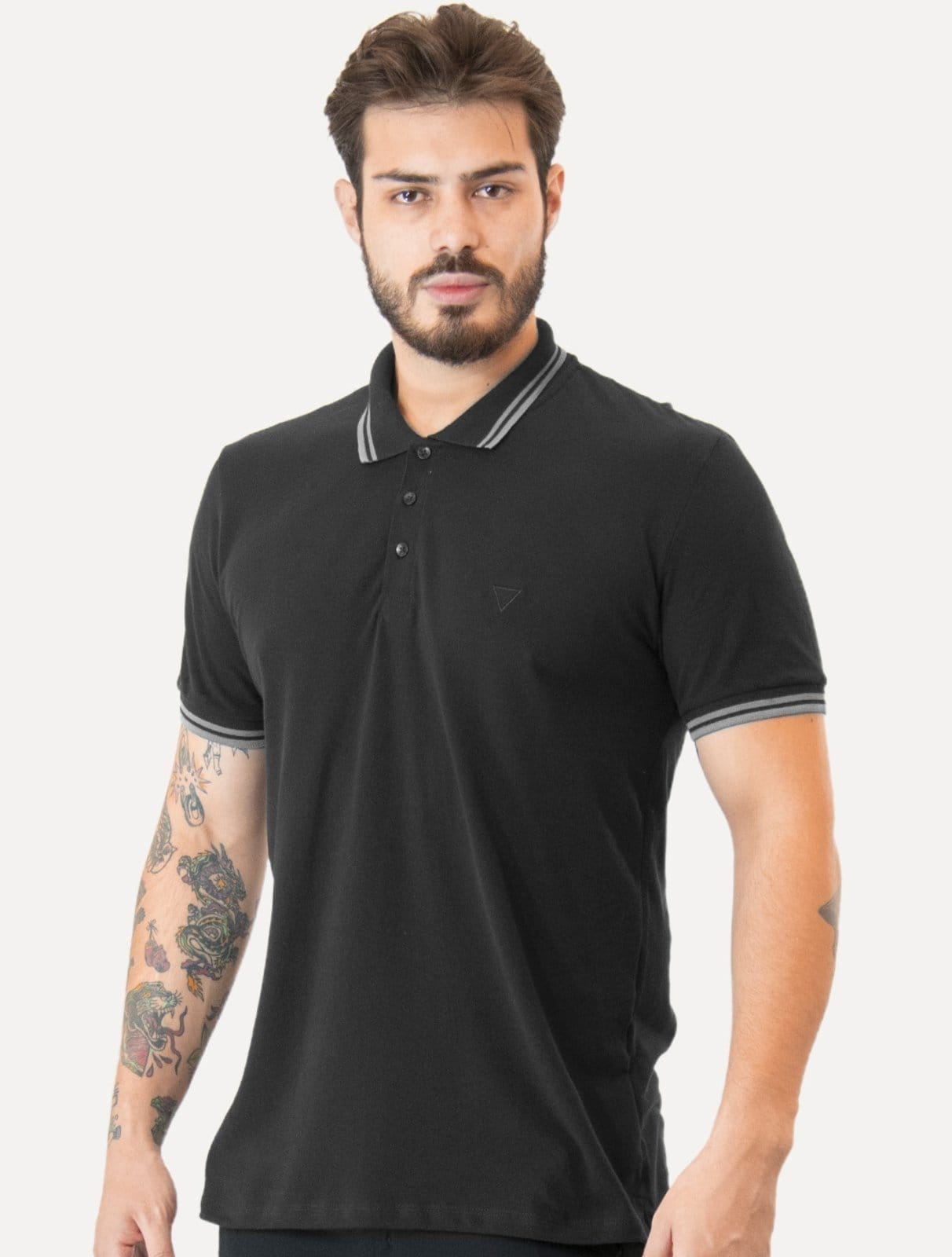 Vista principal Polo Guess Masculina Piquet Outline Triangle Grey Frieze Preta Guess preto grey