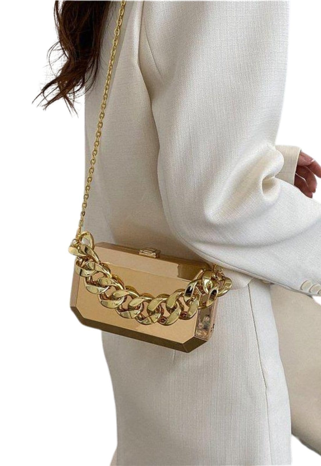 Vista 2 Bolsa Clutch de Festa Metalizada Retângular com Alças removíveis Micca Dourada Cia do Vestido dourado