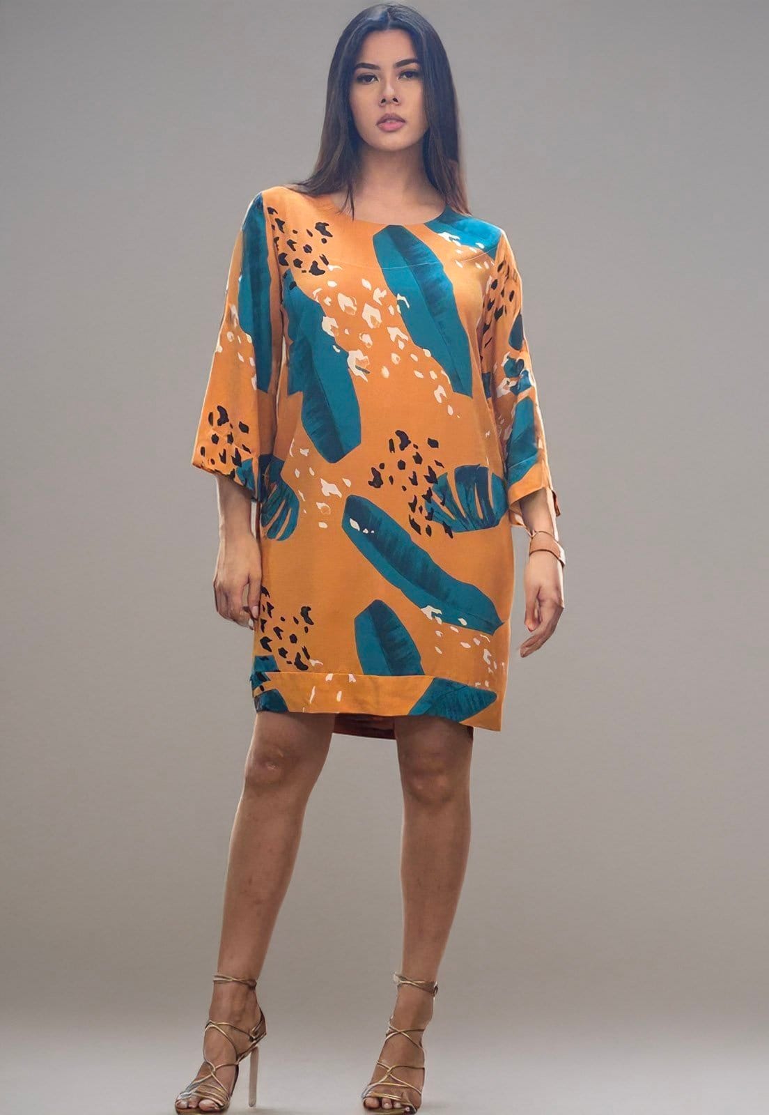 Vista 2 Vestido Curto Amazonia Vital Viscose Manga Ampla Balli Aurora Botânica Amazonia Vital azul/estampado/preto