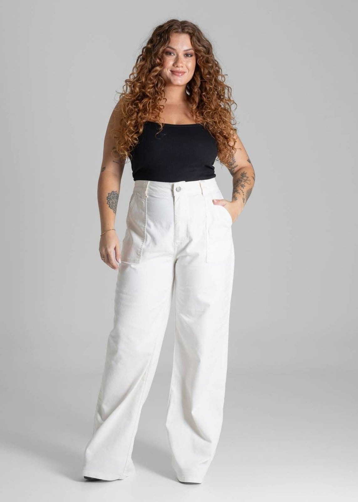 Vista 2 Calça Sarja Sawary Plus Size Wide Leg - 281114 Sawary bege