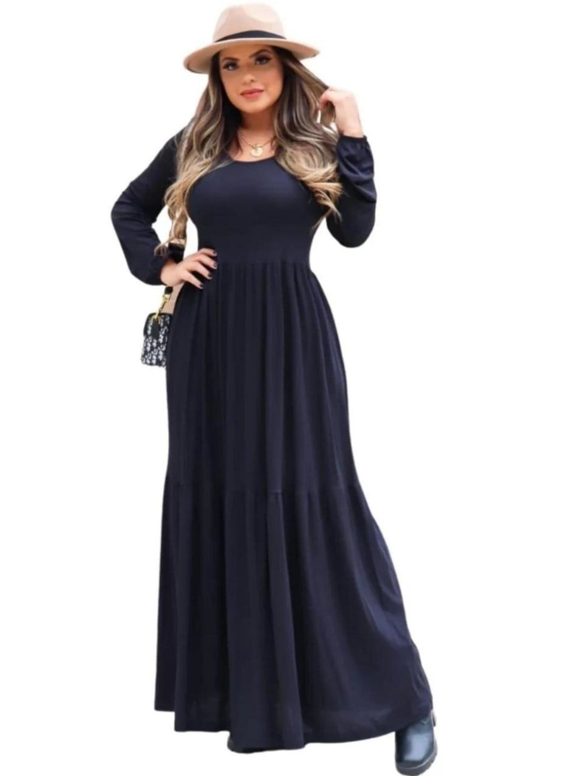 Vestido Liso Longo Manga Longa Outono Inverno Viscolycra