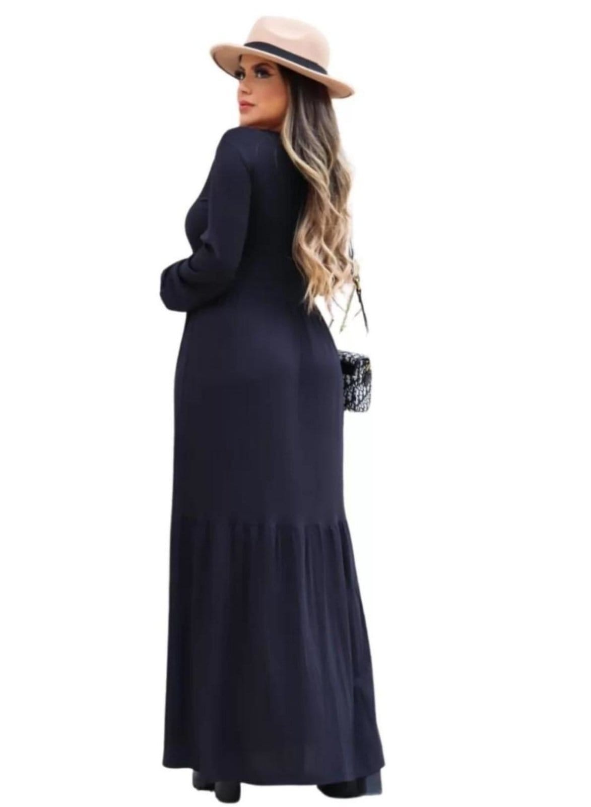 Vista 2 Vestido Liso Longo Manga Longa Outono Inverno Viscolycra Cia do Vestido preto