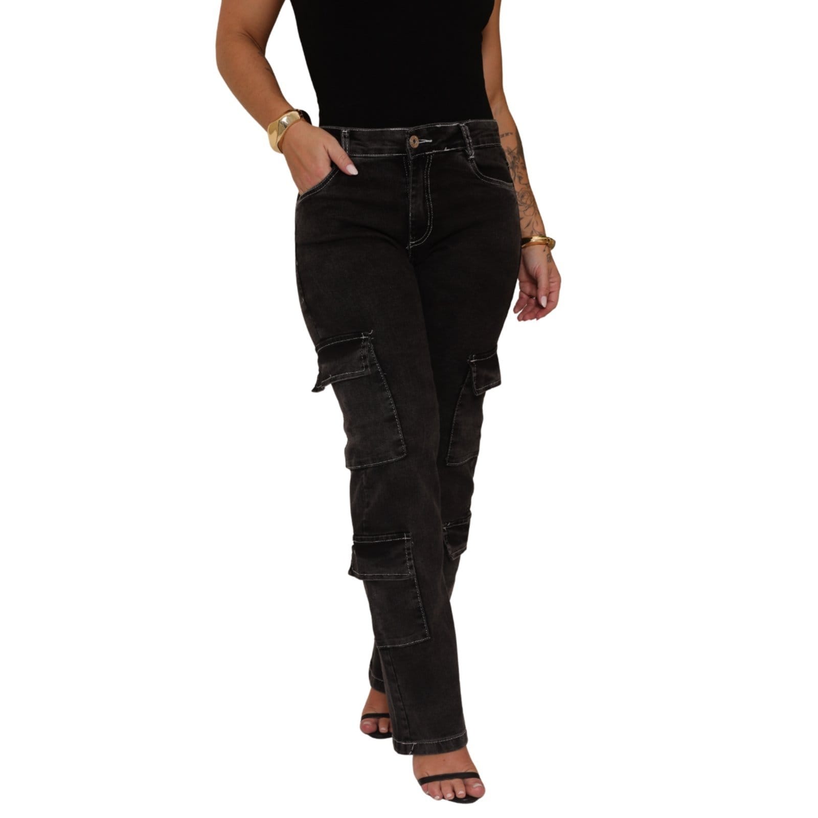 Vista principal Calça Cargo Feminina Jeans Light Grafite Estilo Street 4 Bolsos JEANS LIGHT cinza