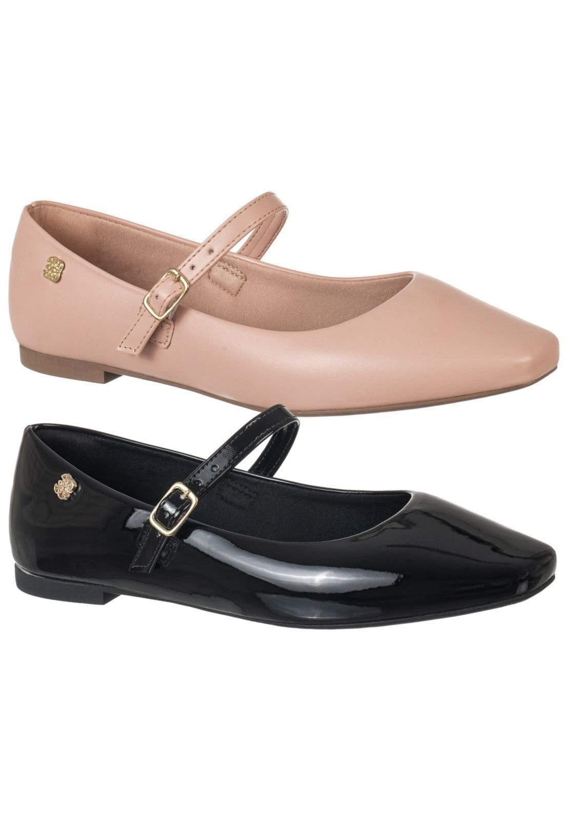 Vista principal Kit 2 Pares Sapatilha Bico Quadrado GiGiL Sapatinho Boneca Preto Gigil nude/preto nude