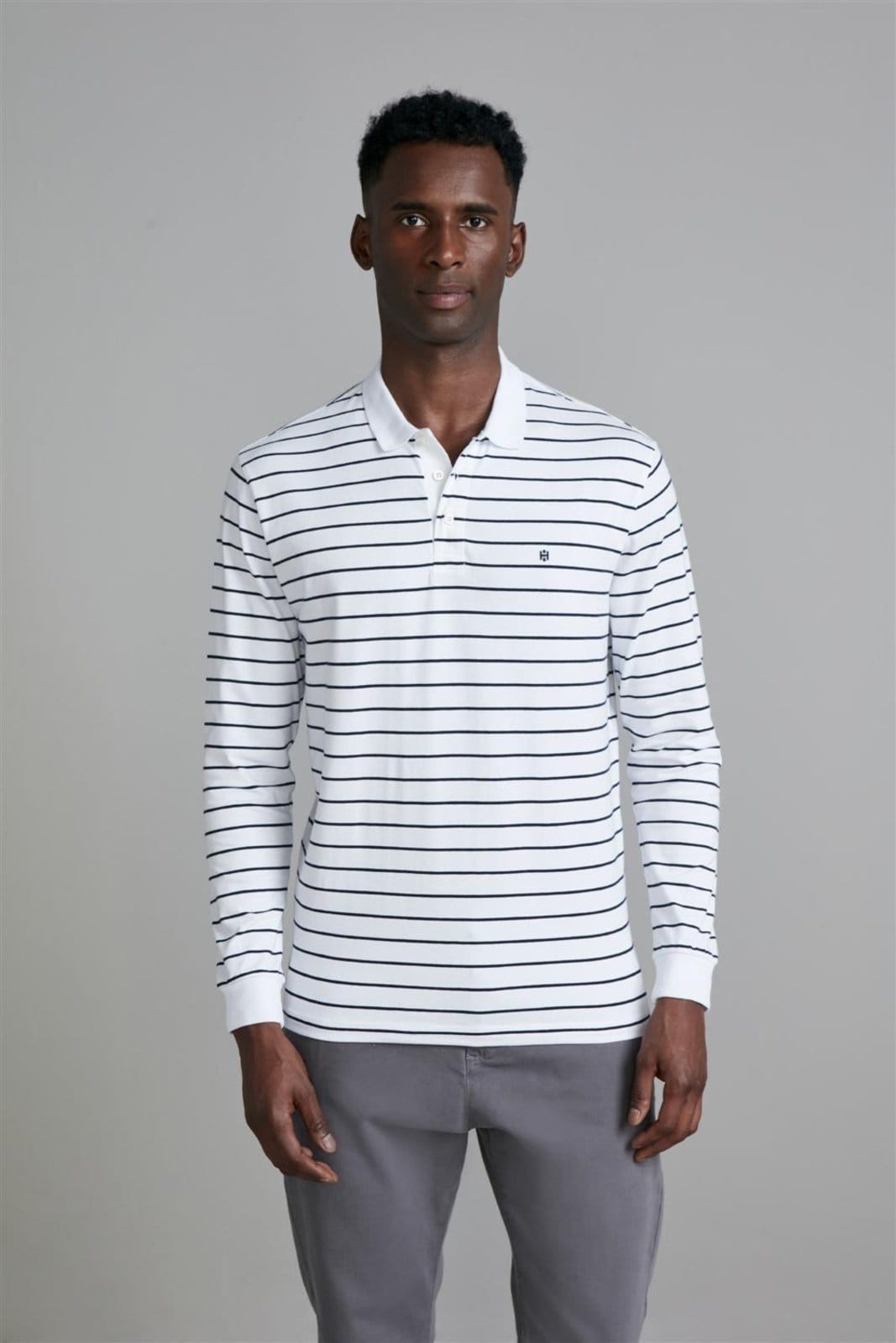 Vista principal HIGHSTIL Camisa Polo Manga Longa Malha Comfort - Branco / Azul Marinho HIGHSTIL branco azul