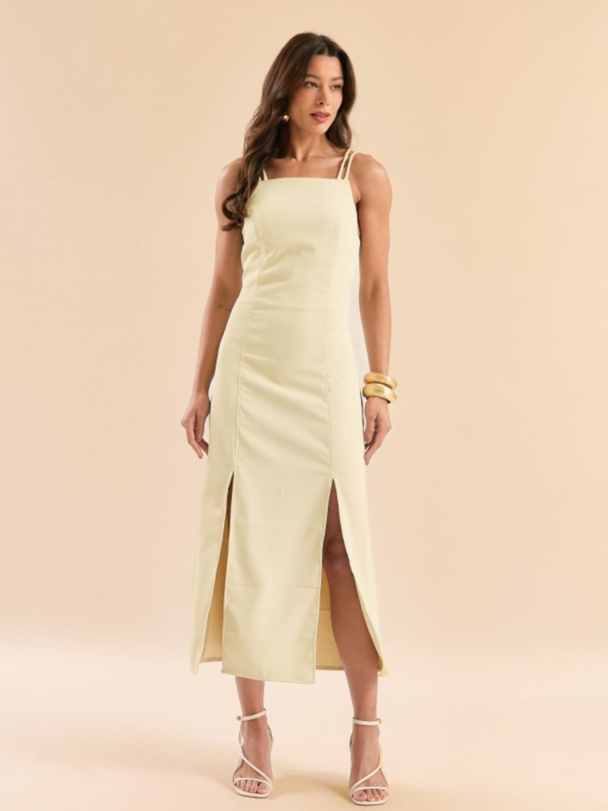 Vista 2 Vestido Midi Com Fenda Lateral Feminino Casual E Chic Manteiga VHF VARIEDADES bege