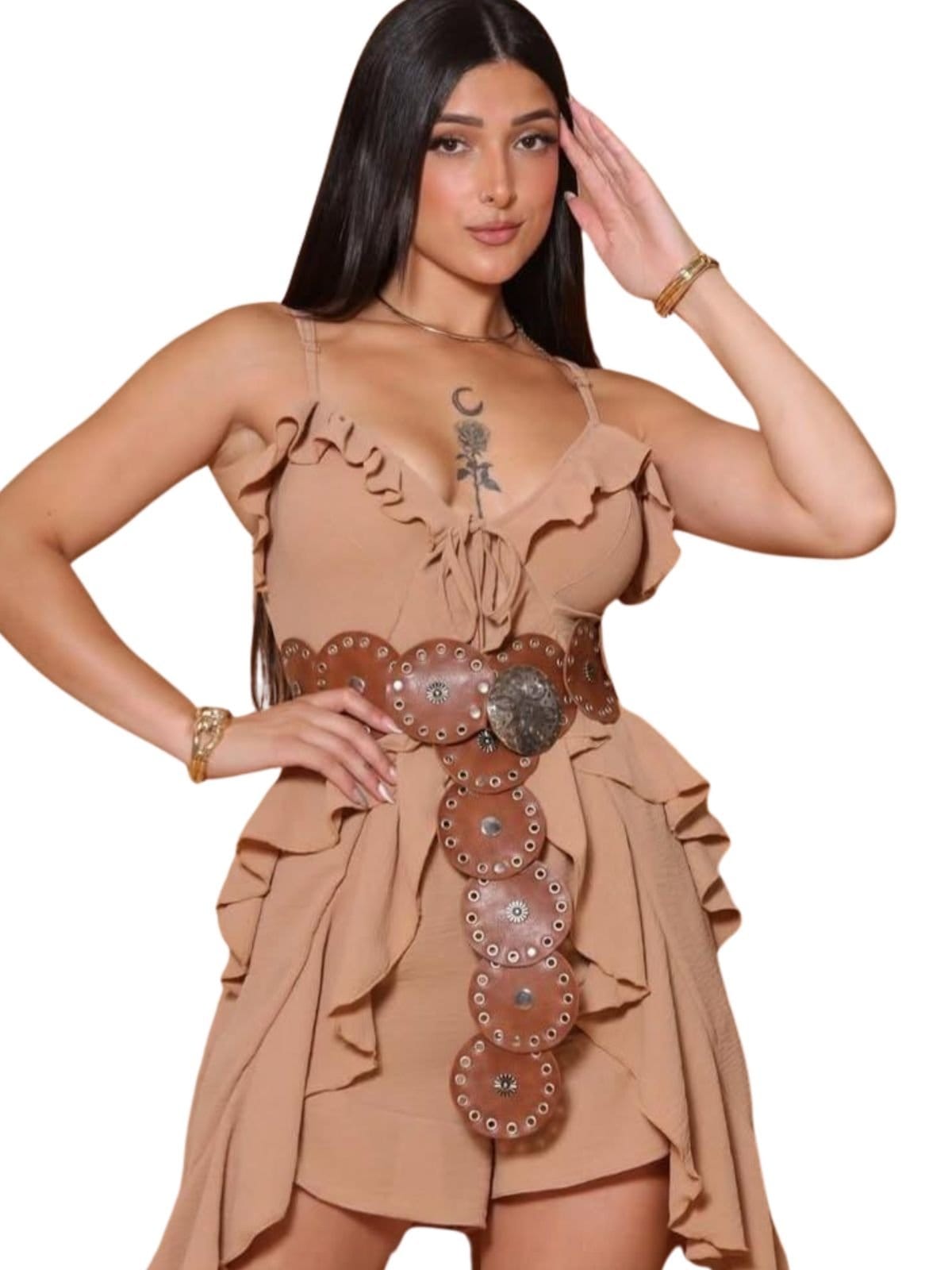 Vista principal Conjunto Summer Body Feminino com Babados Summer Body bege