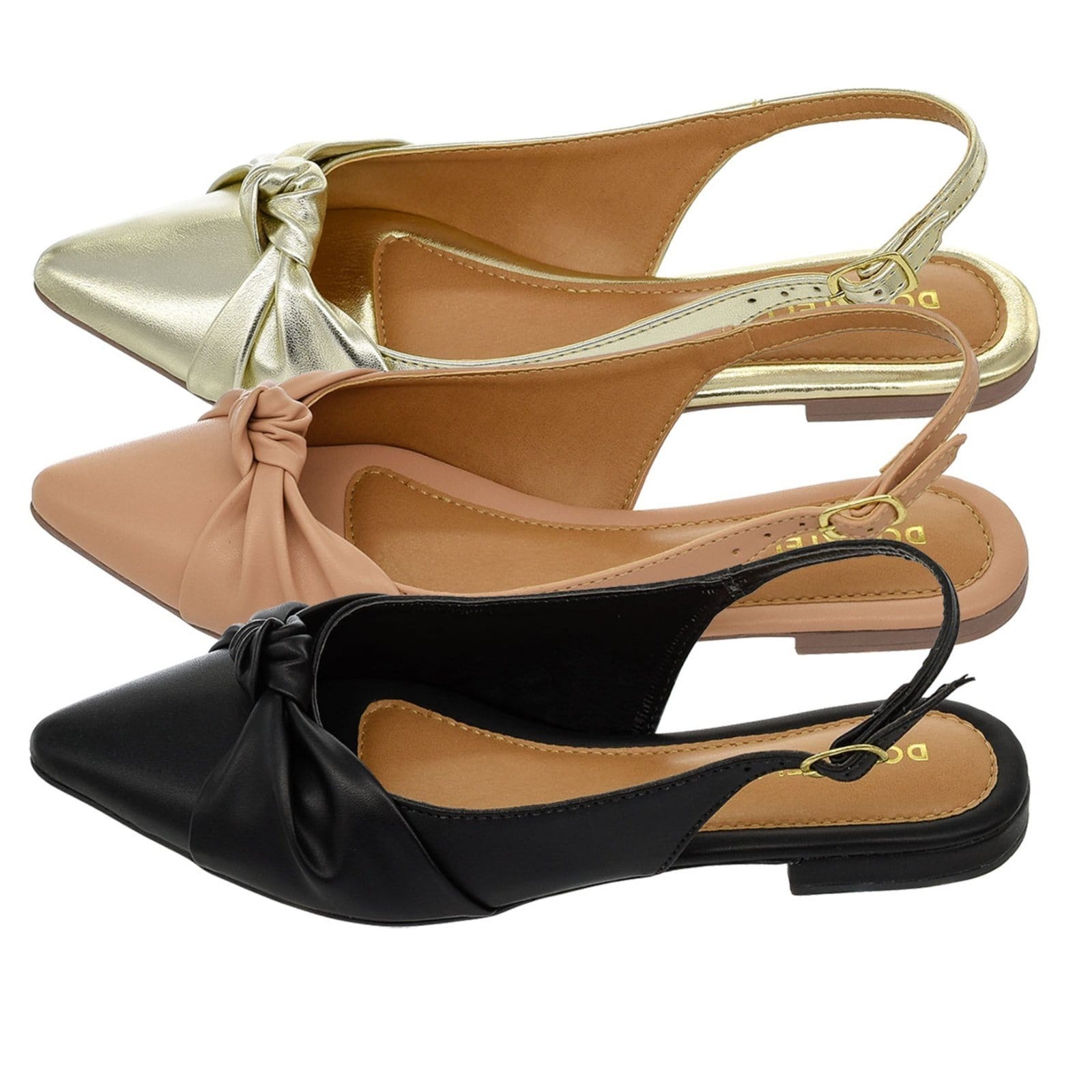 Vista principal Kit 3 Pares Sapatilha Feminina Bico Fino Mule Slingback CM Calçados Nó Preto, Ouro Light e Nude Monte Shoes preto nude