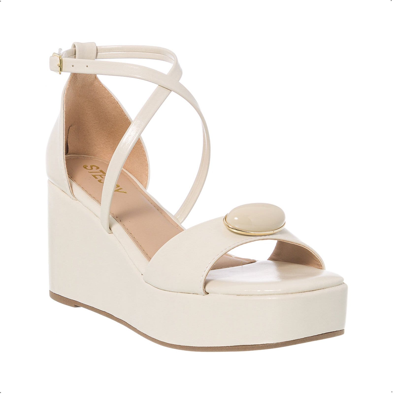 Vista 2 Sandália Feminina Anabela Plataforma Salto Pedraria Fechada Off White Stessy Shoes off-white white