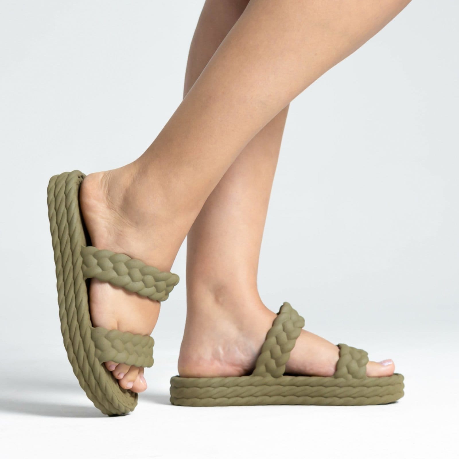 Vista 2 Papete Chinelo Militar Slide Nuvem Plataforma Tiras Trançadas Corda Confortável Moda Feminina Praia Verão CARMELO SHOES verde