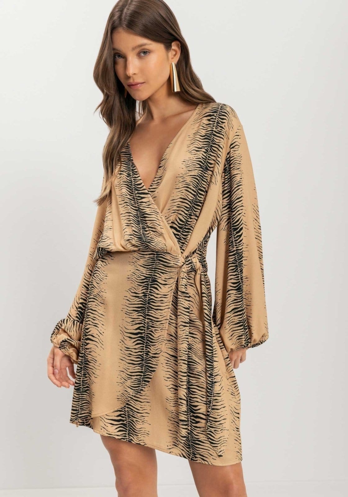 Vista 2 Vestido Estampado Transpassado Com Mangas Longas E Amarração Lez a Lez poás