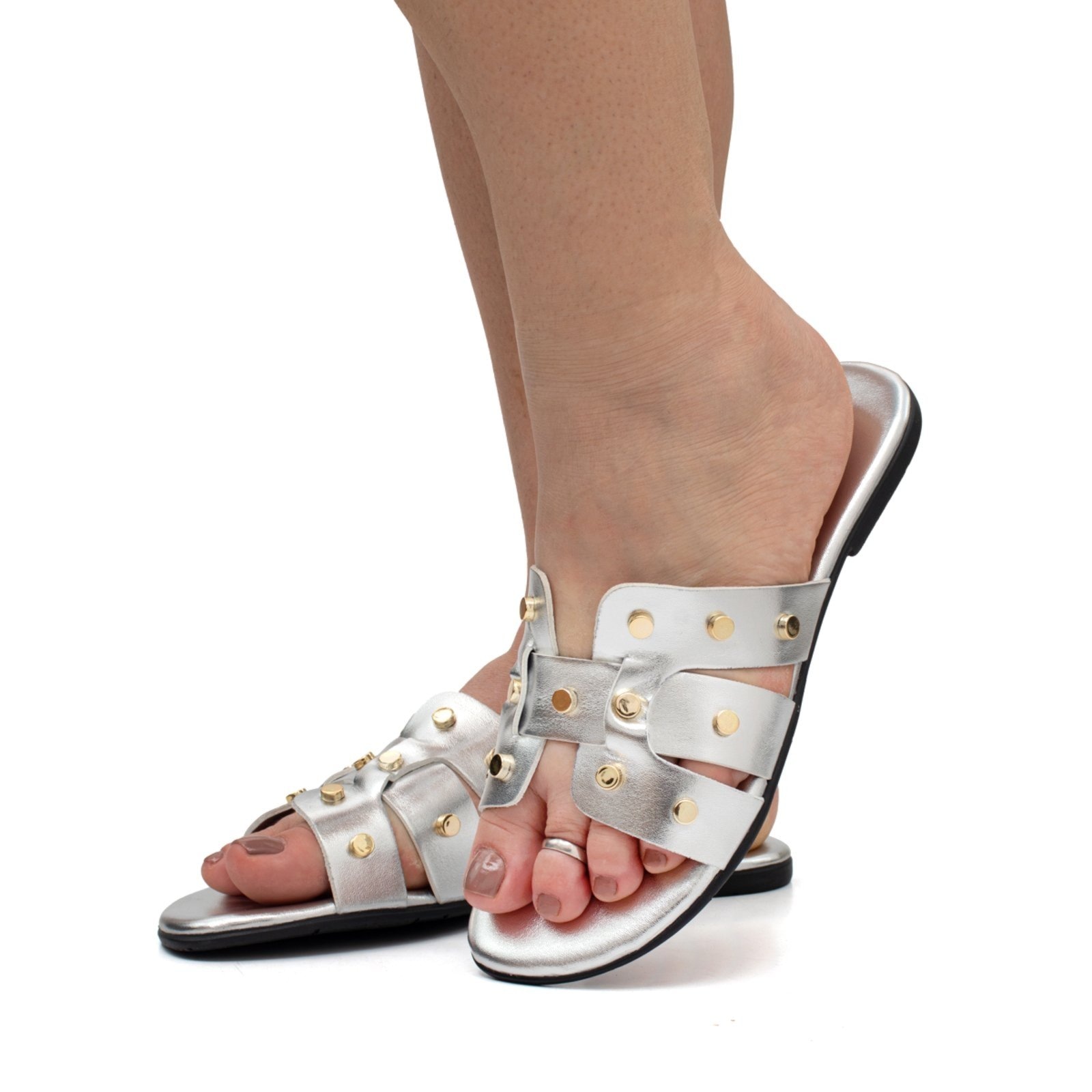 Imagem principal Sandália Feminina Rasteira Flatform Flat Rasteirinha Papete Metal Brilho ÉPICO CALÇADOS prata