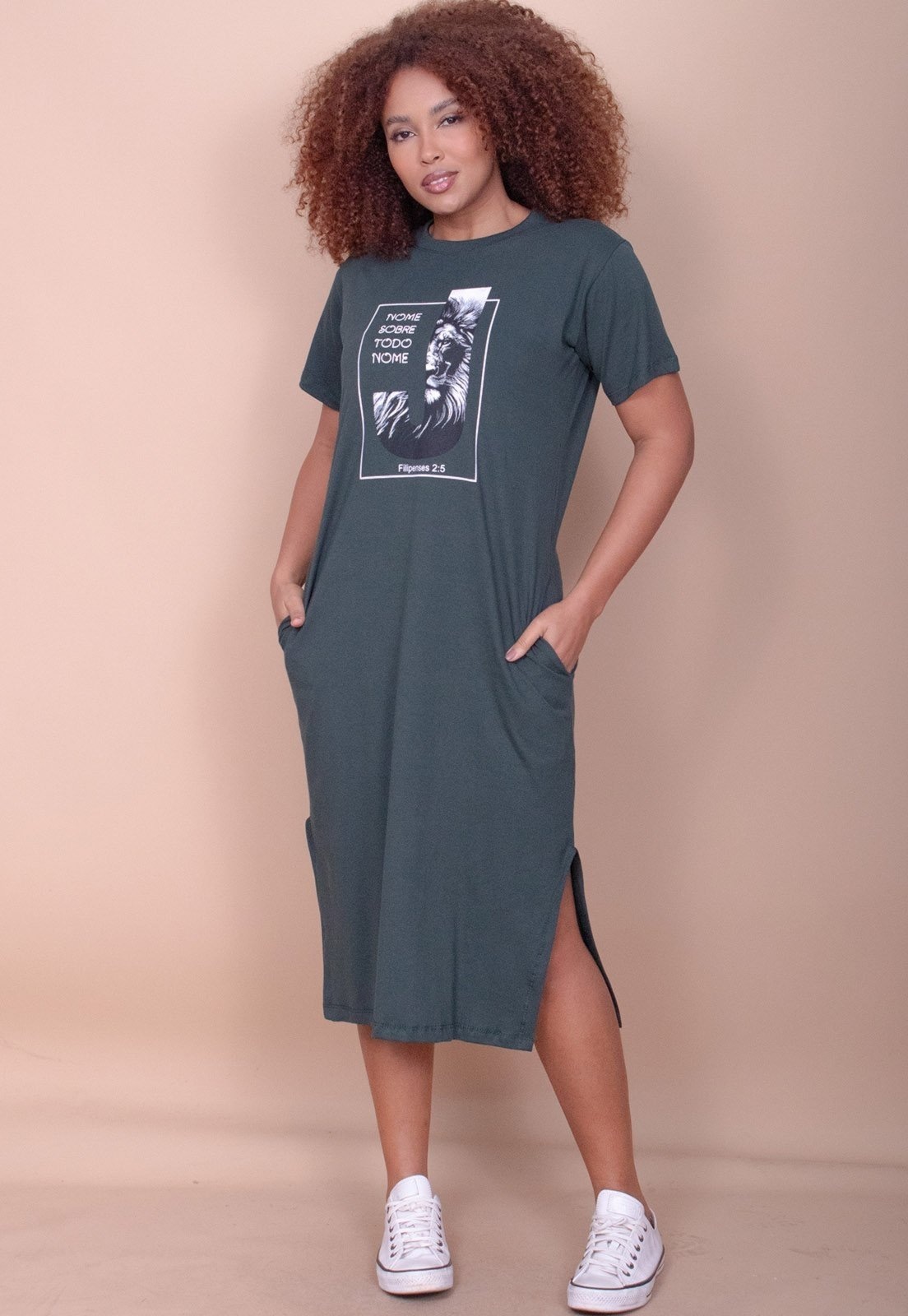 Imagem principal Vestido Cabanafree Midi Algodão Manga Curta Moda Evangélica Musgo Cabanafree verde