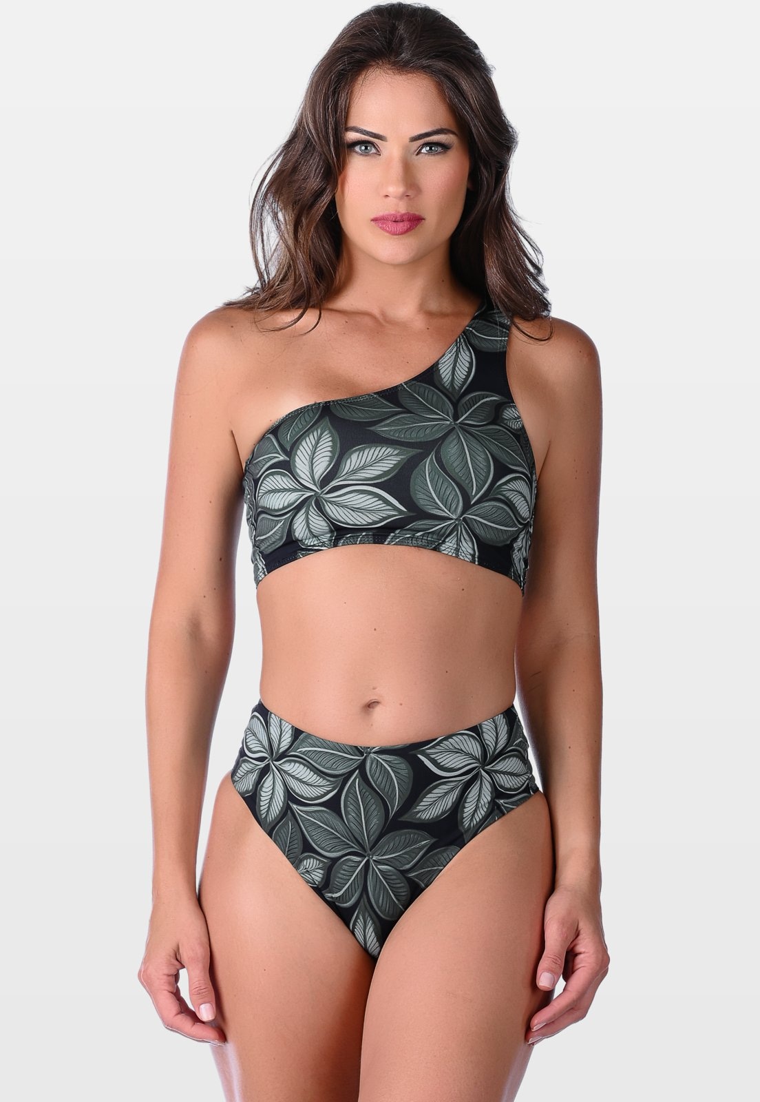 Imagem principal Biquíni Summer Soul Um Ombro Só Sem Bojo Fio Dental Duplo Cintura Alta Folhagem Verde Summer Soul estampado/verde verde