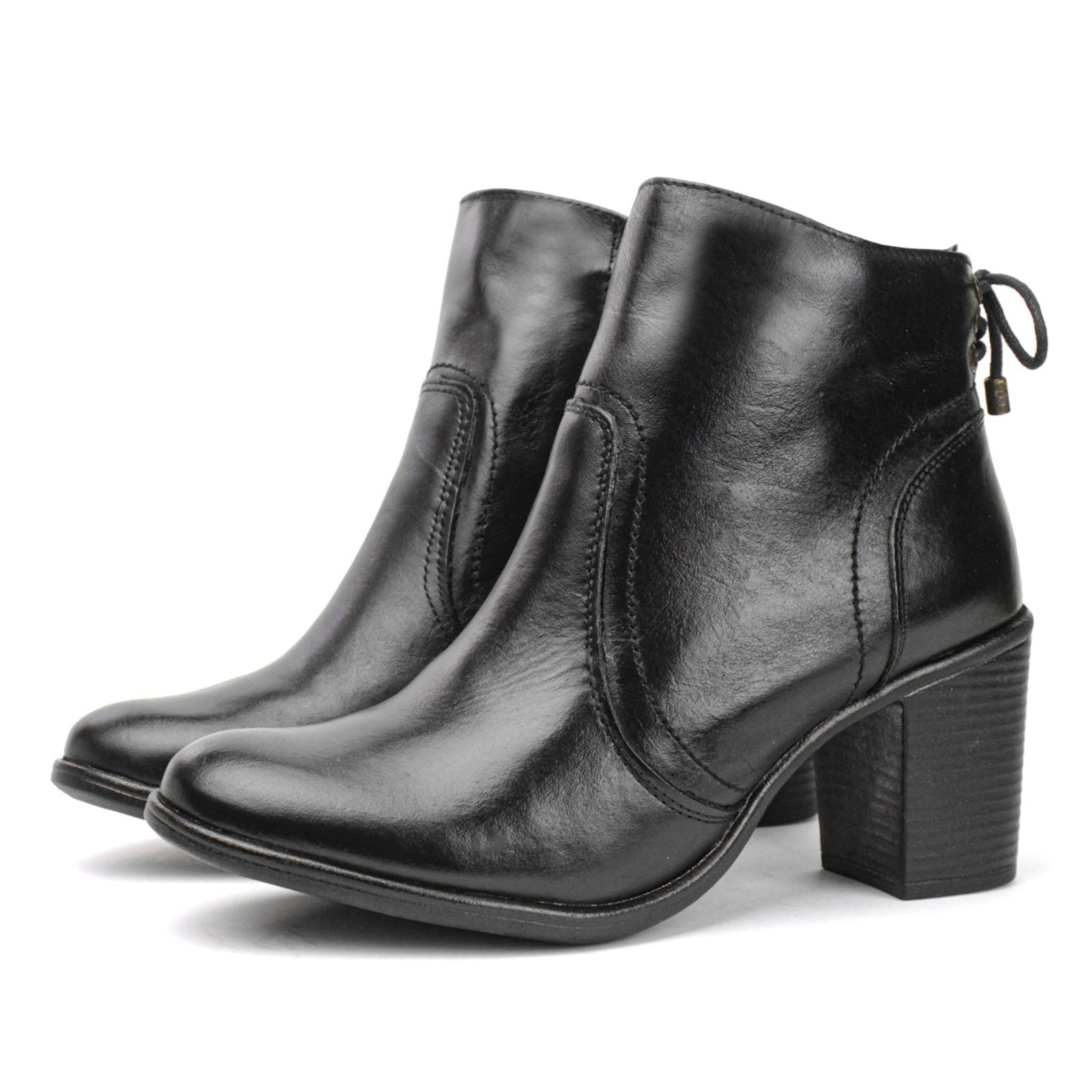 Imagem principal Bota Couro Feminina Cano Curto Salto Médio Bloco Fachete Amarração Casual super shoes preto