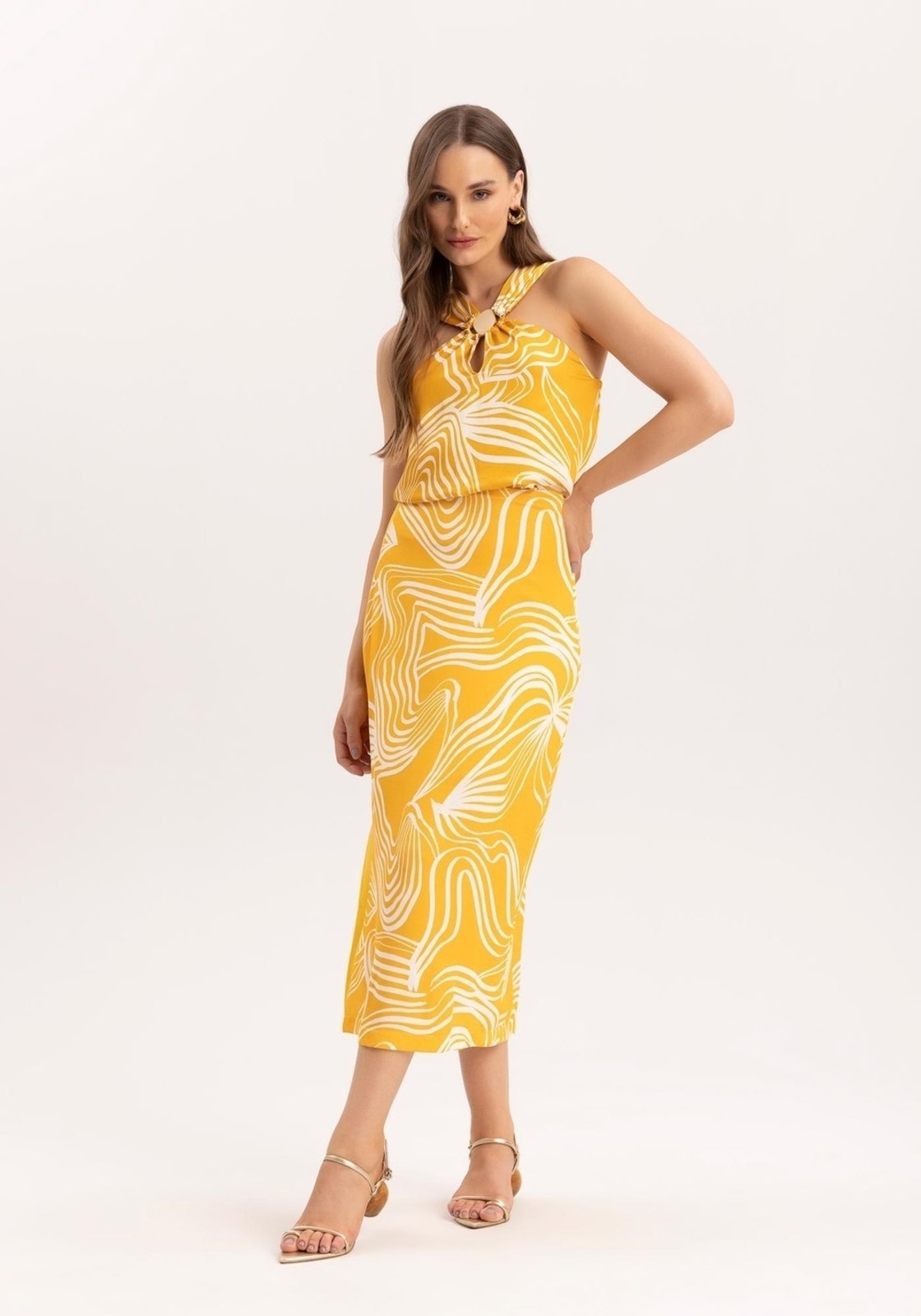 Imagem principal Saia Midi em Crepe Estampada com Recorte Lateral Lez a Lez laranja