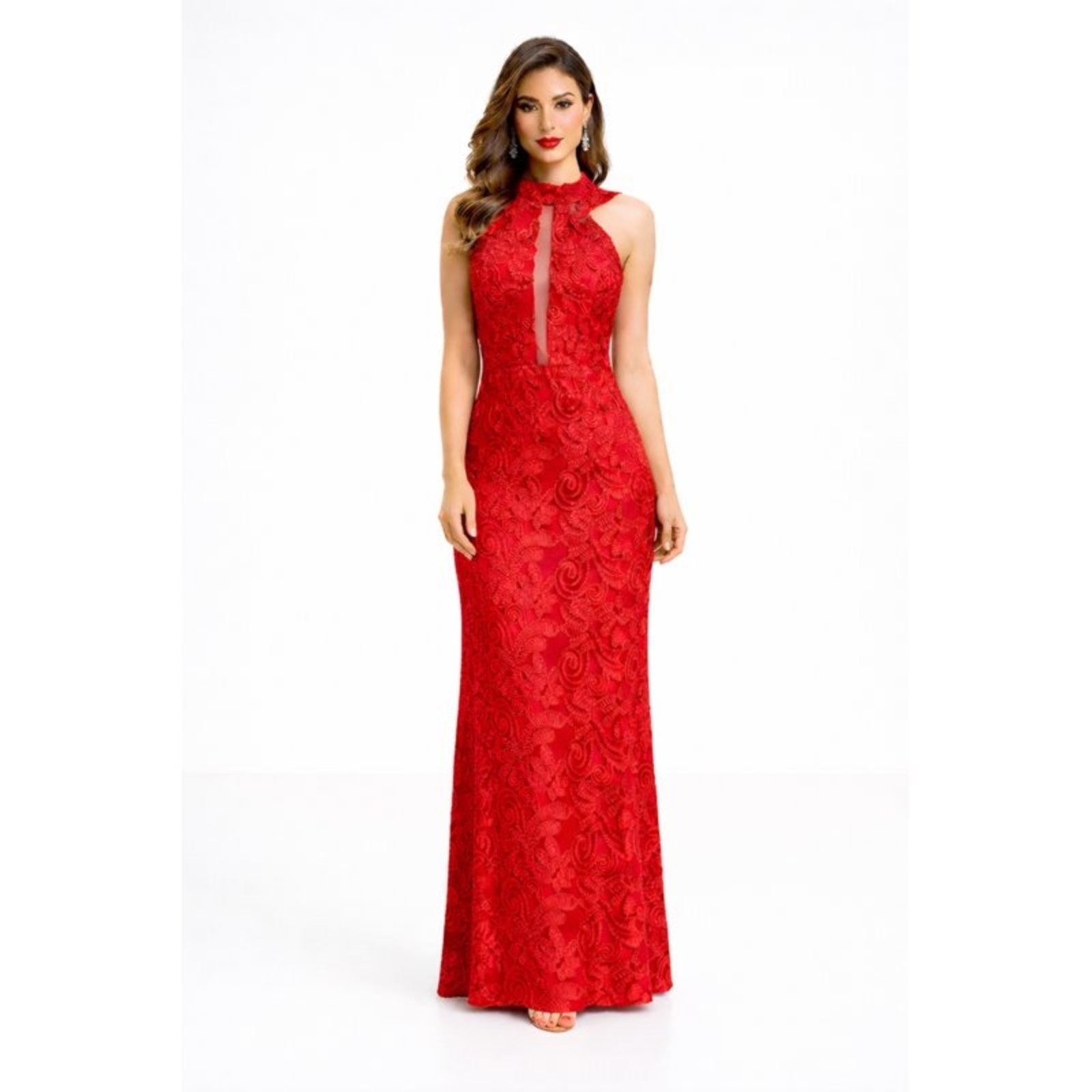 Imagem principal Vestido Longo Renda Gola Alta Costas Bordadas Strass Festa Summer Body vermelho
