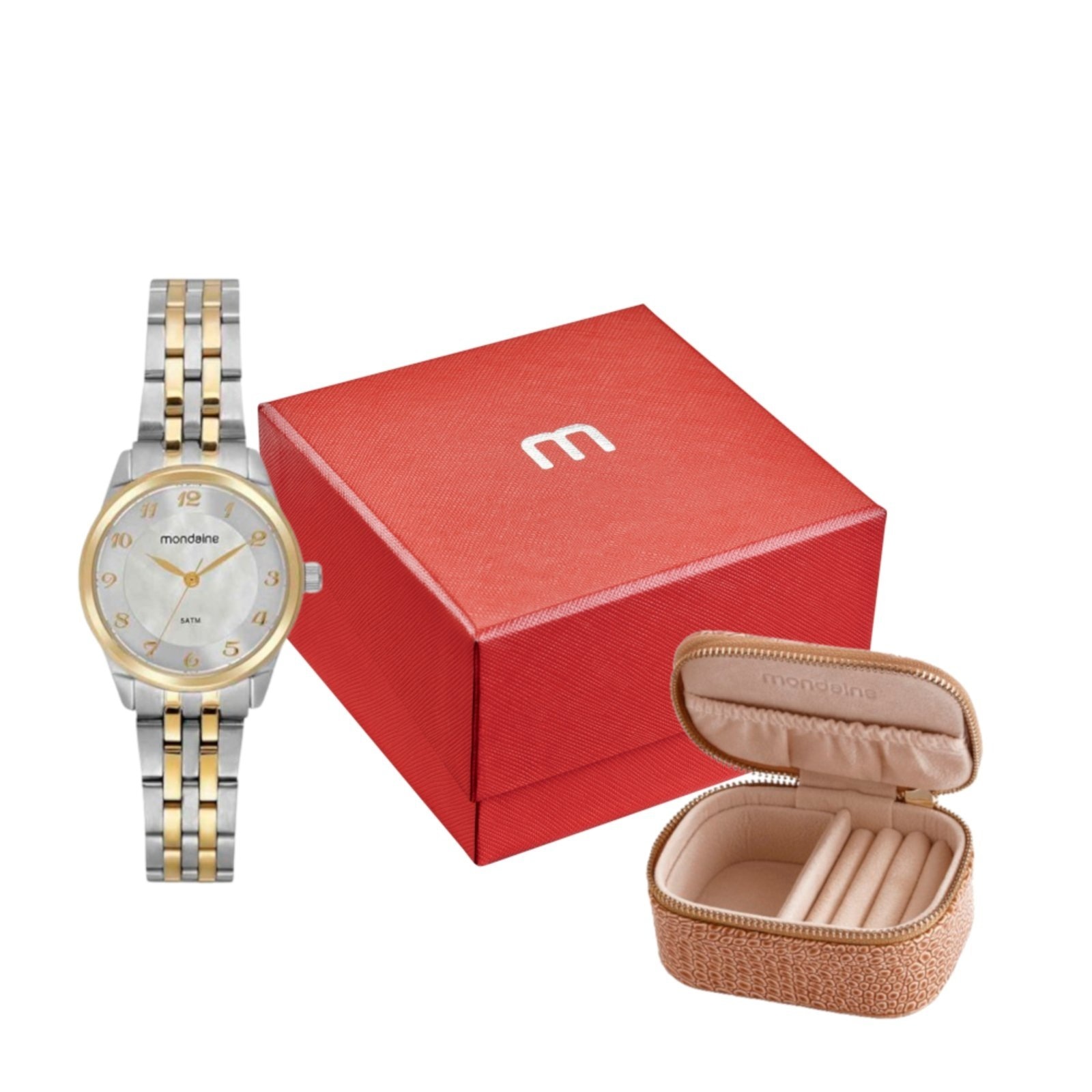 Imagem principal Kit Relógio Feminino Madrepérola Bicolor com Porta Jóias Mondaine prata