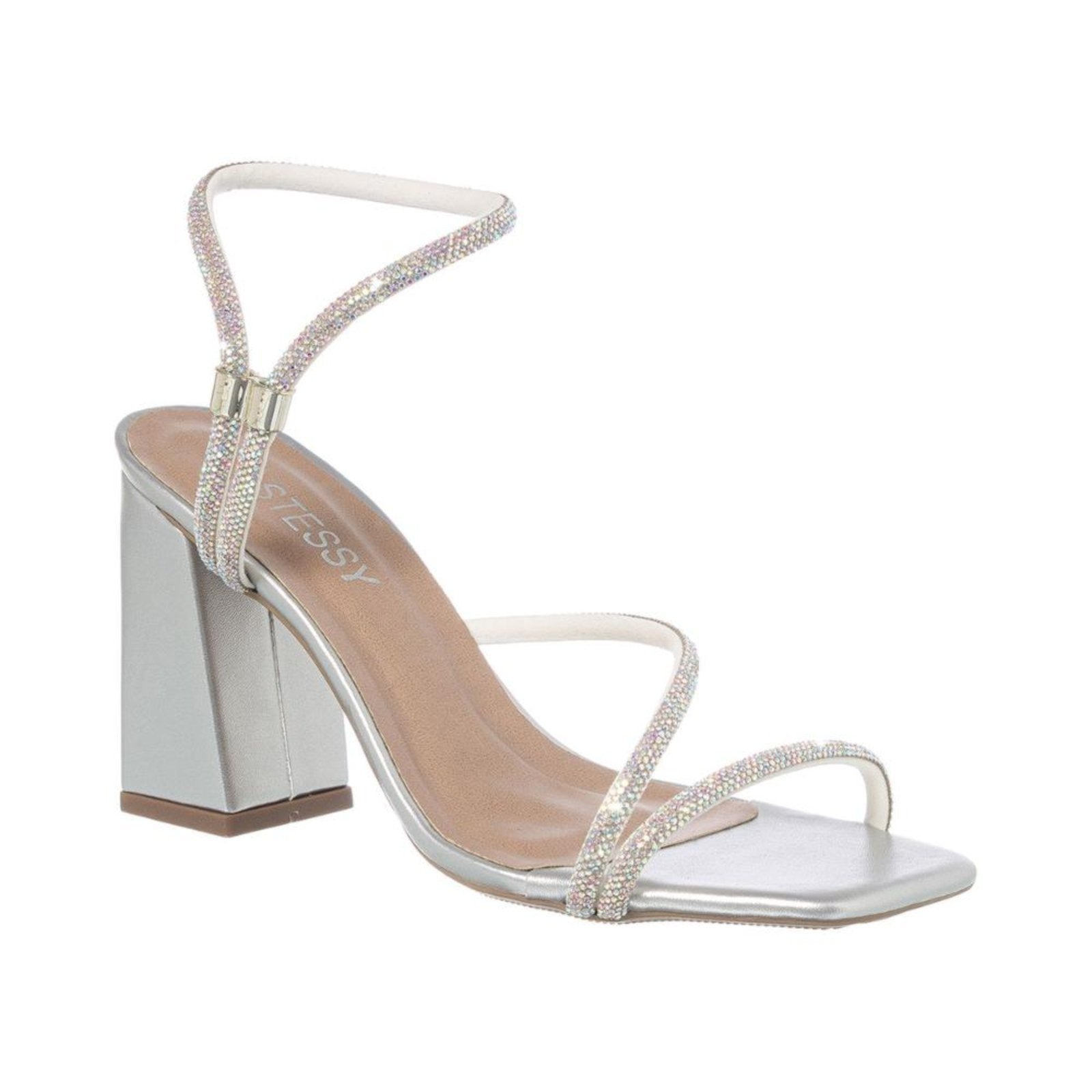 Imagem principal Sandália Feminina Salto Grosso Strass Calce Fácil Confortável Stessy Shoes prata