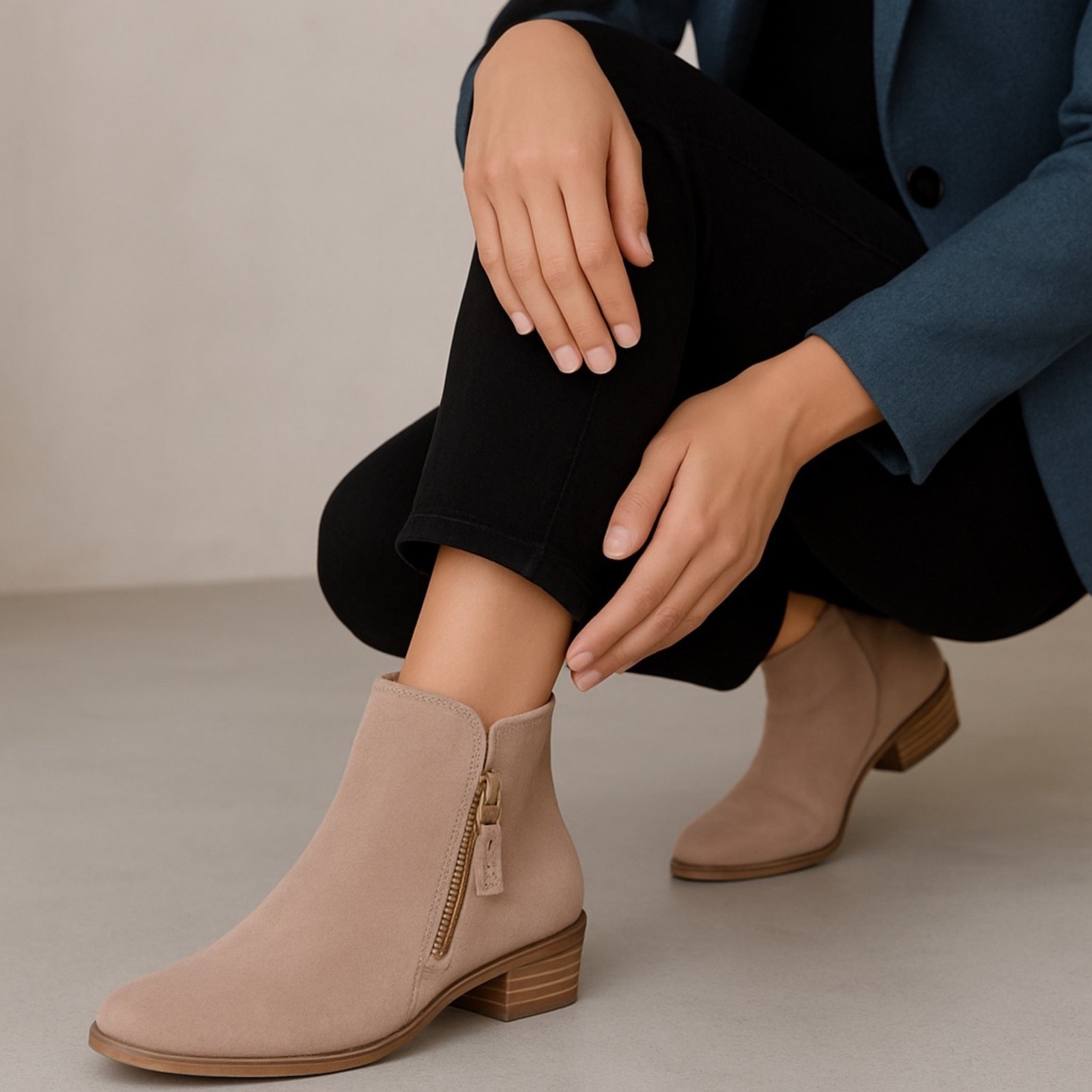 Imagem principal Bota Cano Curto Feminina Bia Ramos em Couro com Fivela Lateral Camurça Areia Bia Ramos cinza