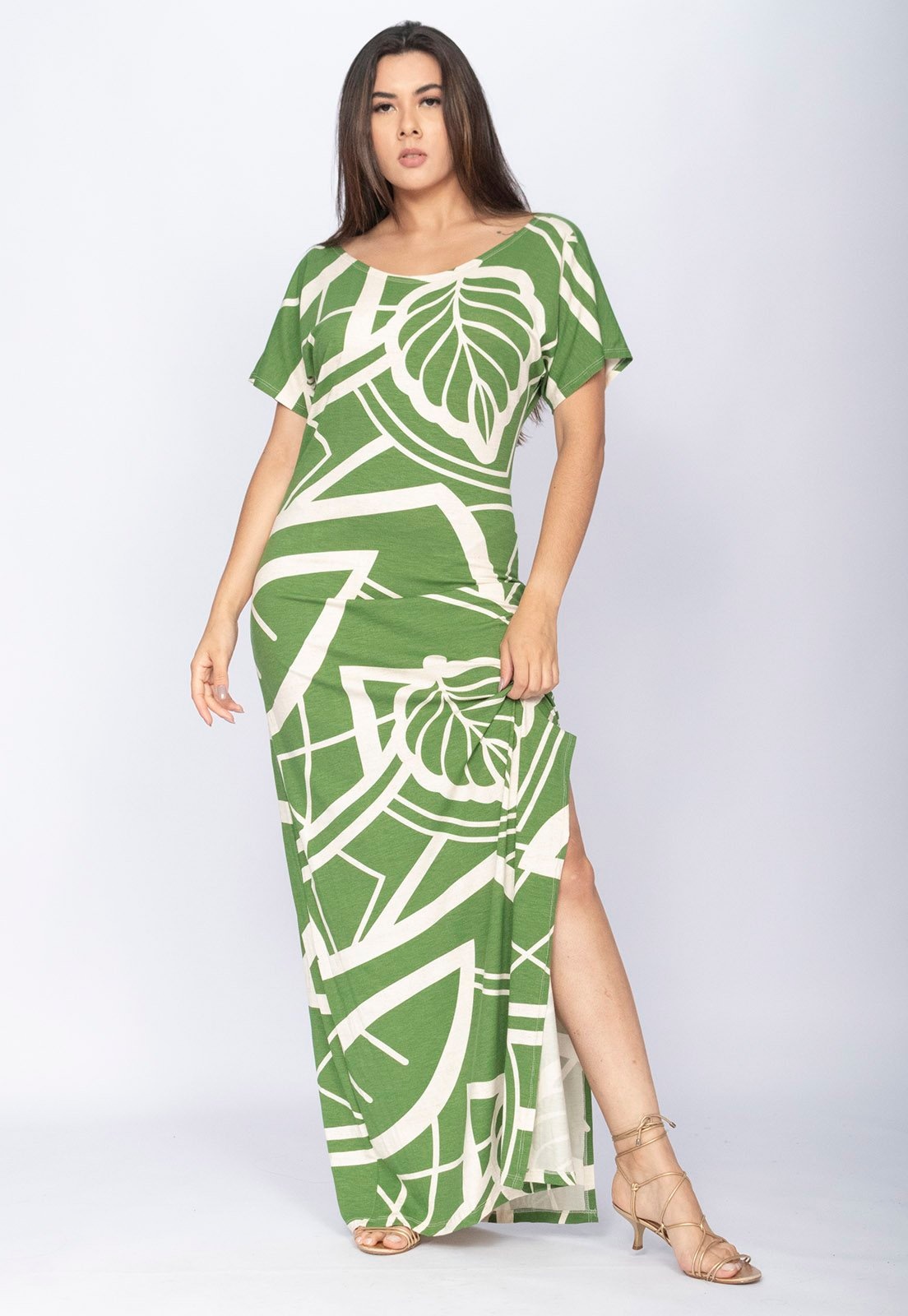 Imagem principal Vestido CabanaFree Longo Malha Fenda na Lateral Estampa Lagoa Botânica Verde Cabanafree estampado/verde verde