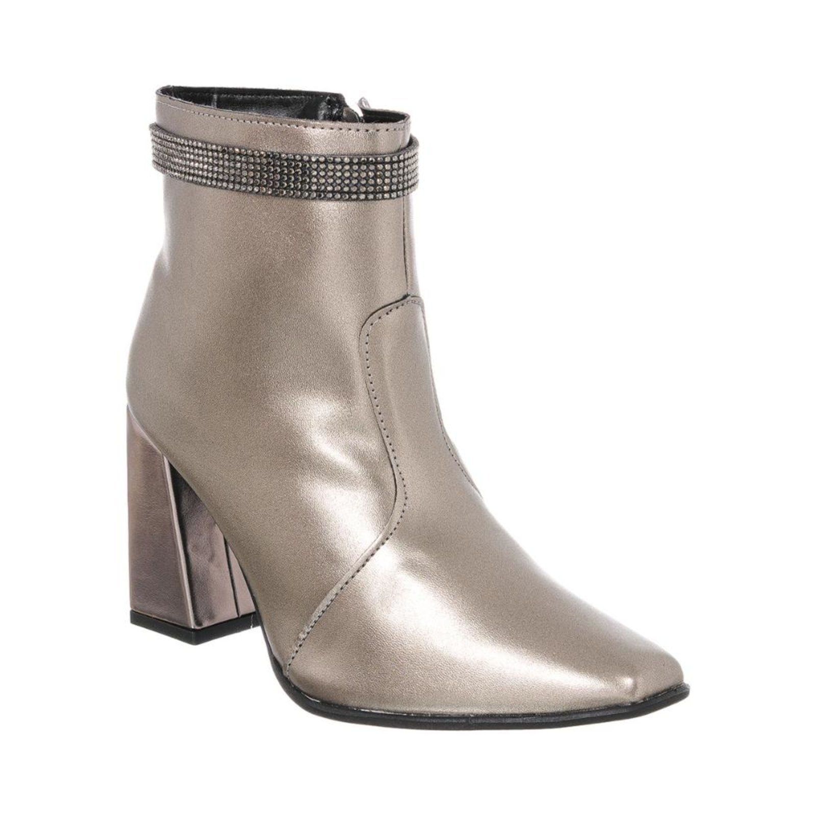 Imagem principal Bota Feminina Cano Curto Salto Alto Bico Quadrado Confortável Metalizada Com Brilho Velho Stessy Shoes prata