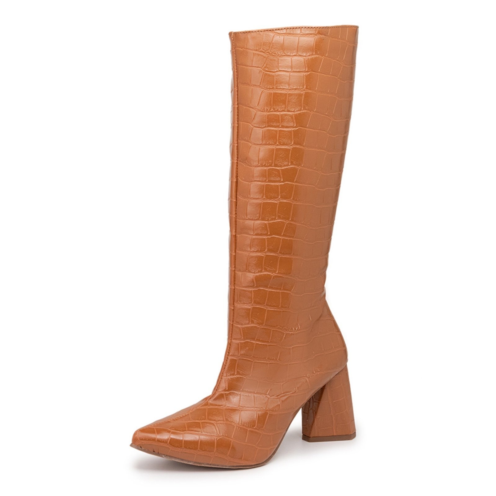 Imagem principal Bota Feminina Tendência Cano Longo Salto Triângulo 23020 Croco Whisky Flor da Pele caramelo