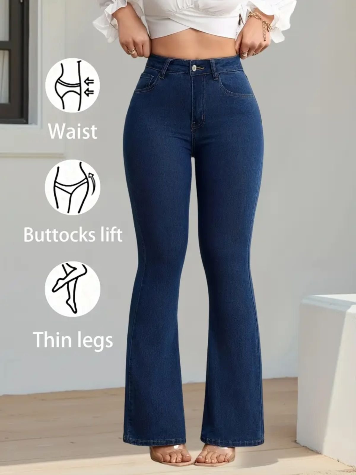 Imagem principal Calça Flare Jeans Feminina Kovali Premium Cintura Alta com Elastano Levanta Bumbum Estilo Gringa Escuro KOVALI FASHION STORE azul/jeans azul