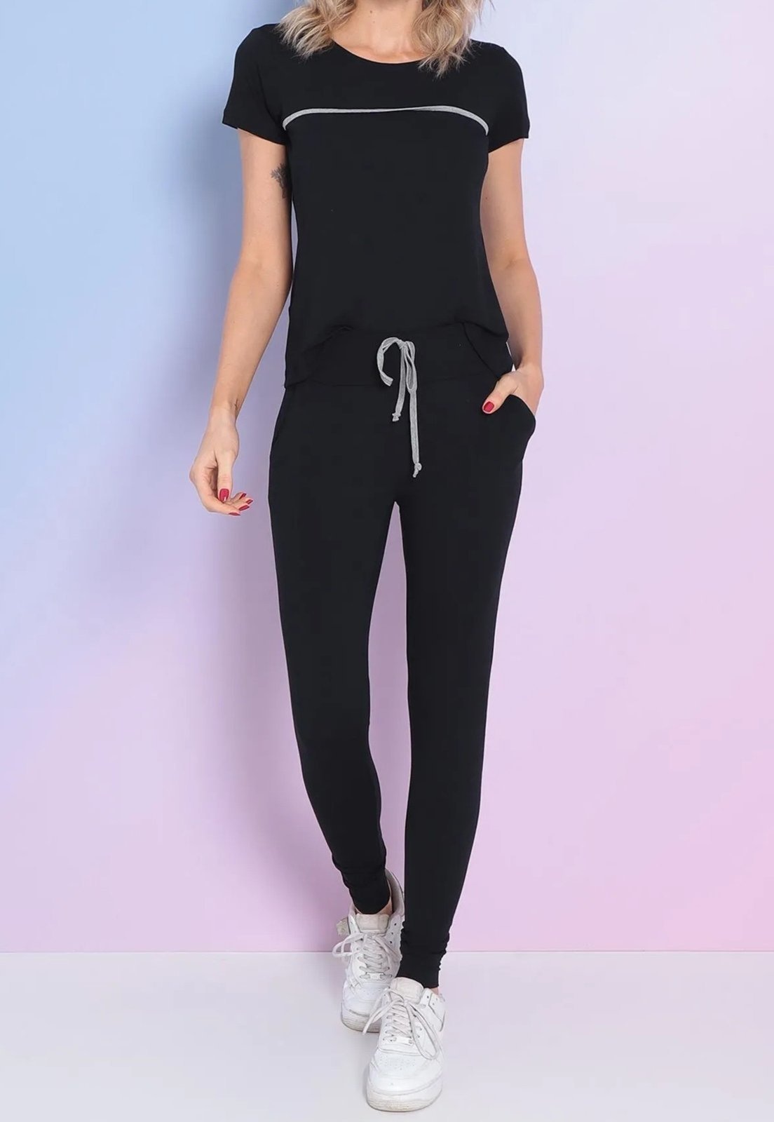 Imagem principal Conjunto Maria Paes Calça e Blusa Com Viés Mescla Maria Paes preto