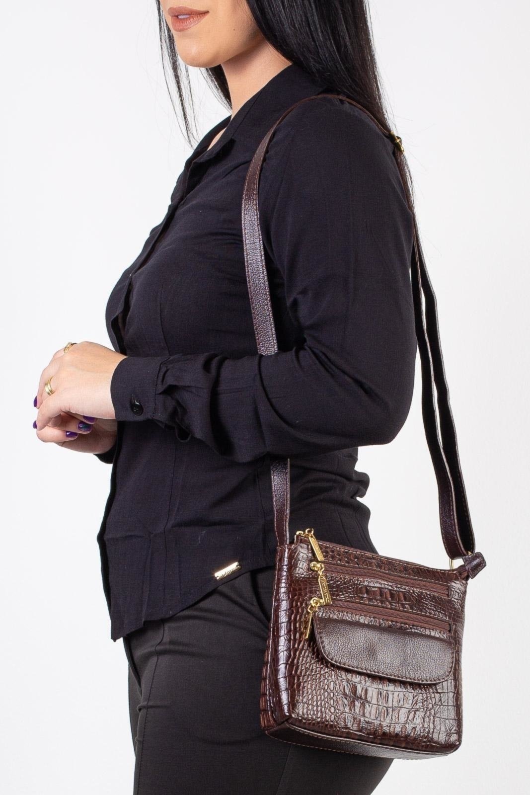 Imagem principal Bolsa transversal de couro croco Maura - Café Andrea Vinci vermelho