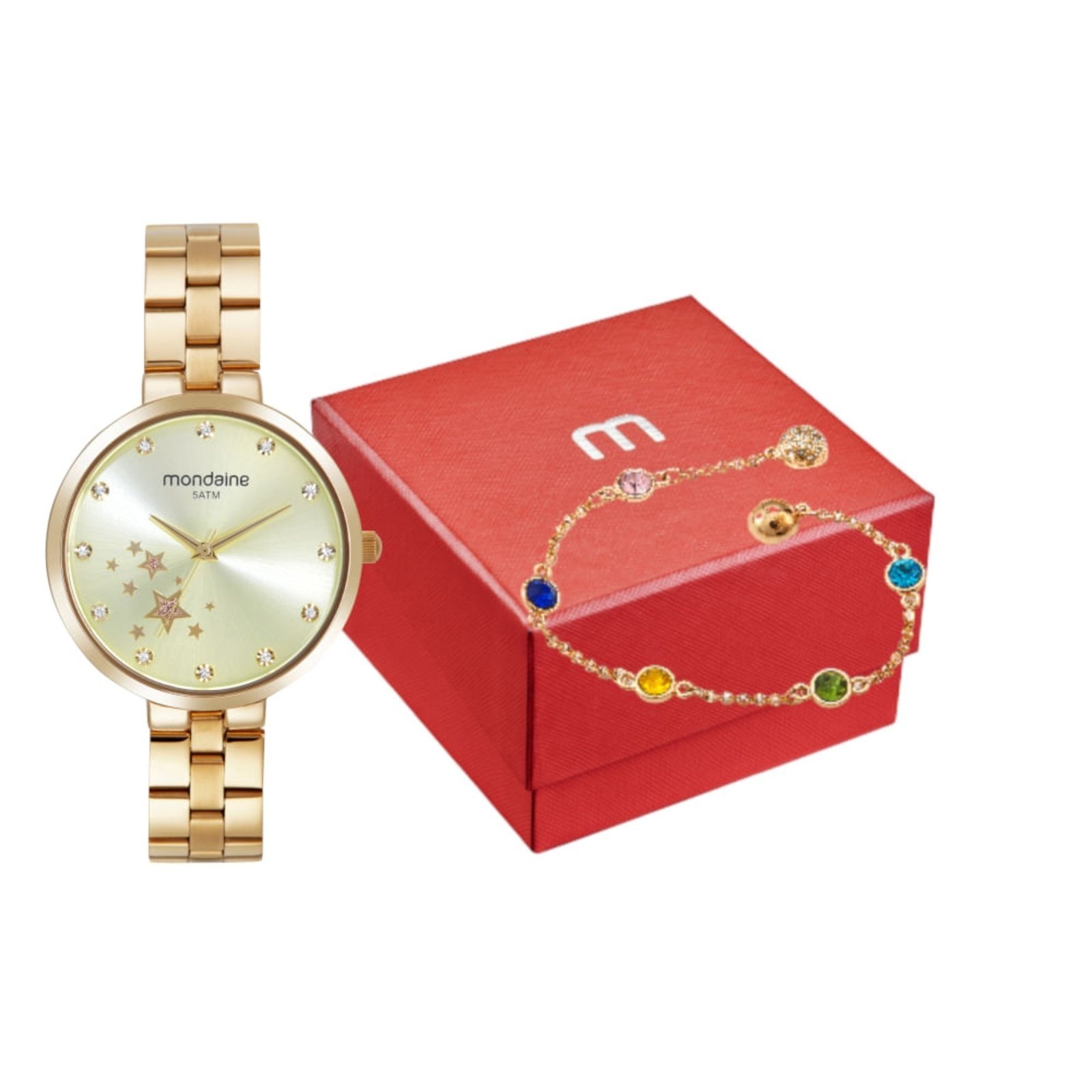 Imagem principal Kit Relógio Feminino Estrelas com Pulseira Cristais Colorida Mondaine dourado
