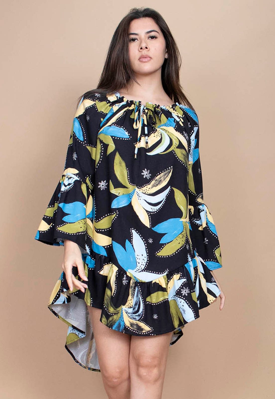 Imagem principal Vestido Curto Cabanafree Viscose Com Babados Estampa Jardim Noturno Cabanafree azul/estampado/verde